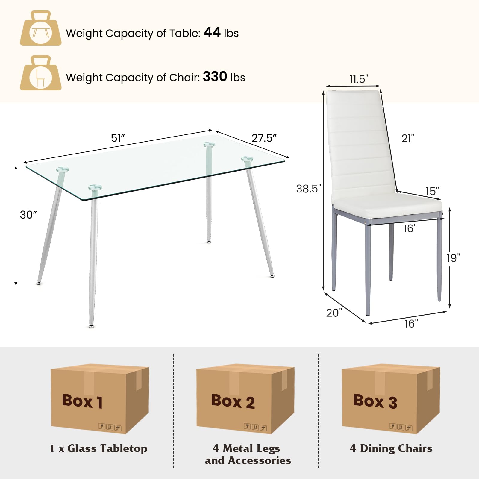 Giantex Dining Table Set for 4, Kitchen Table Chairs Set with 51” Rectangle Glass Dining Table