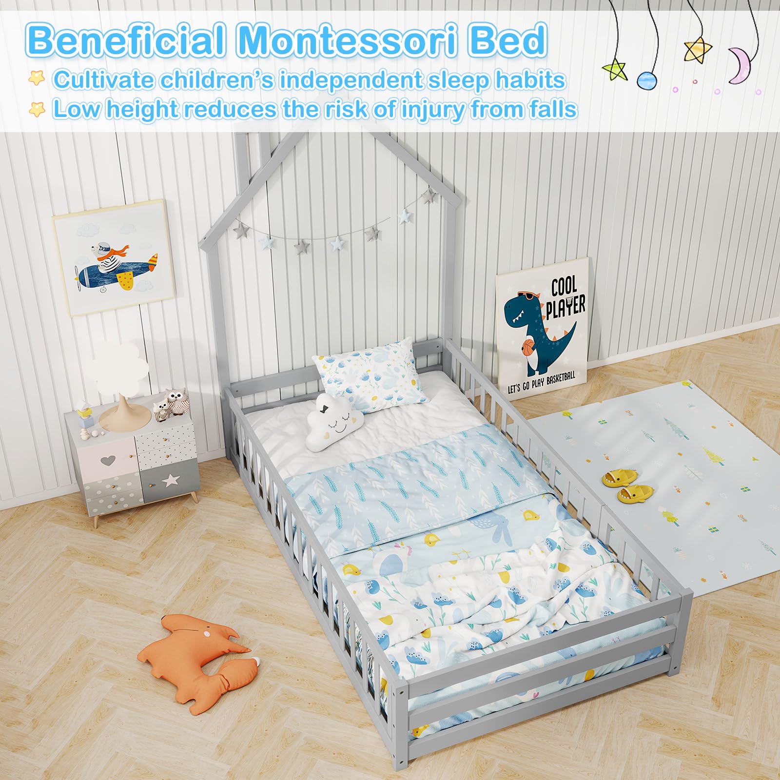 Giantex Twin Floor Bed, House-Shaped Montessori Bed Frame with Headboard, Full-Length Guardrail