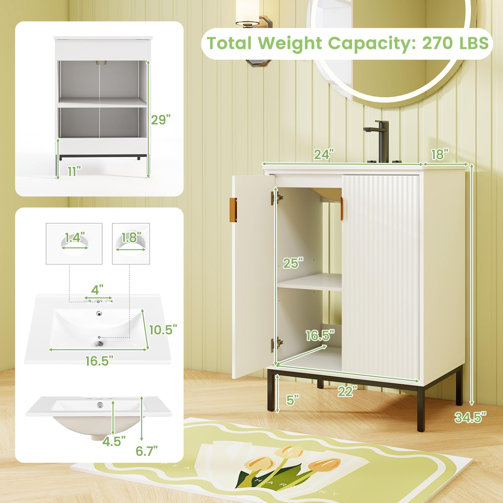 24” Undermount Bathroom Storage Cabinet and Sink Combo Set with 2 Doors
