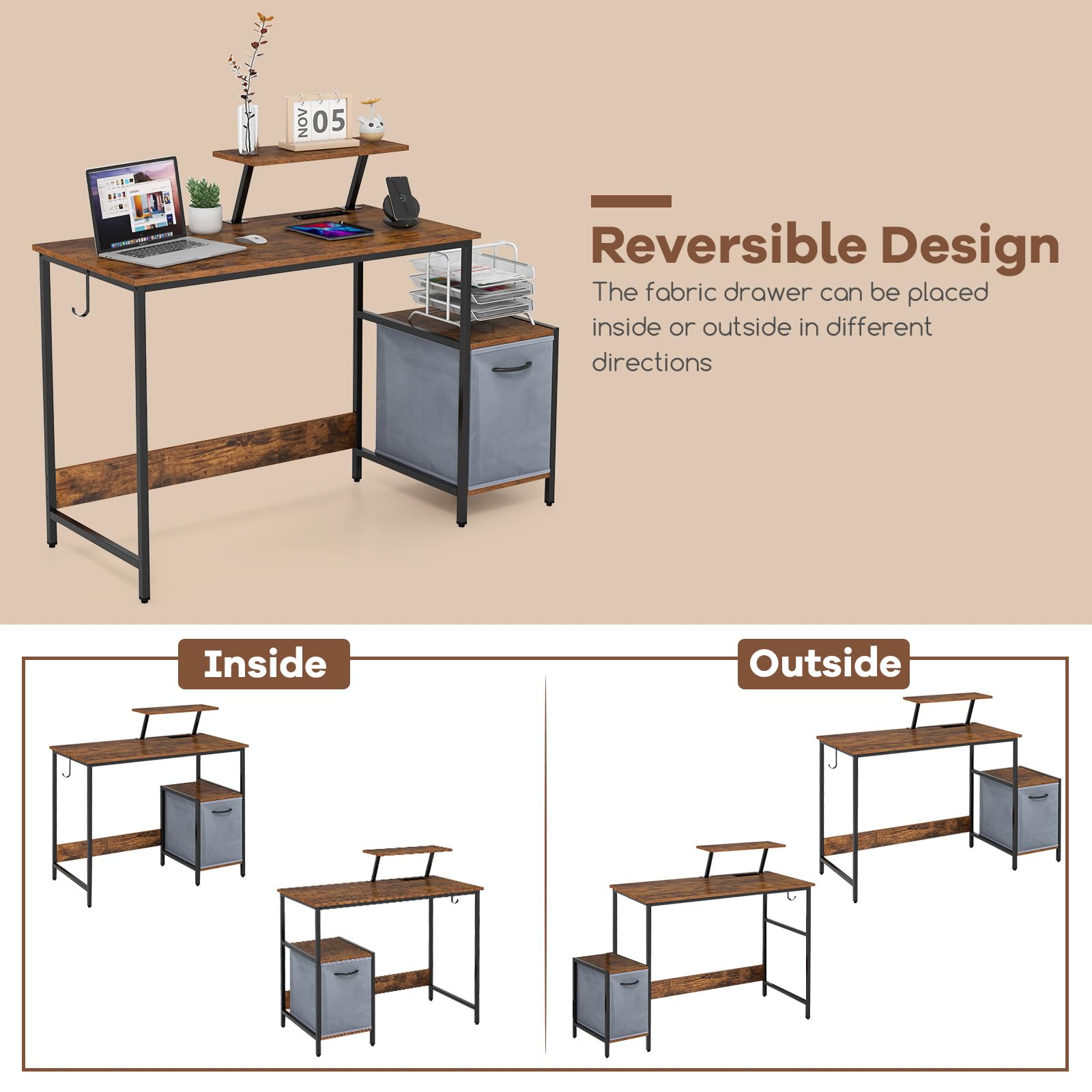 Giantex Computer Desk with Drawer and Power Outlet, Home Office Desk with Reversible Storage Drawer