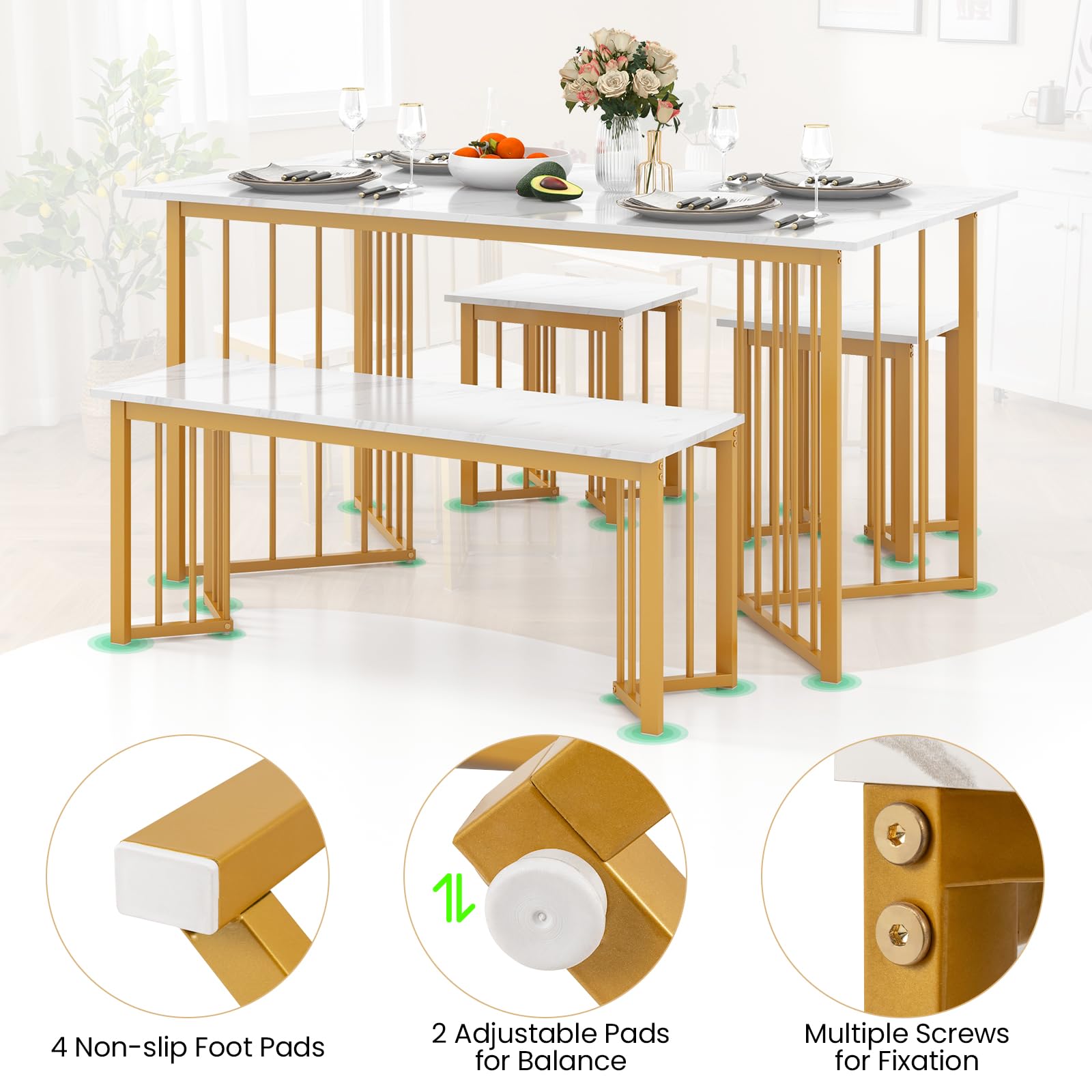 Giantex 4-Piece Dining Table Set for 4, Kitchen Table Chairs Set with Bench & 2 Stools