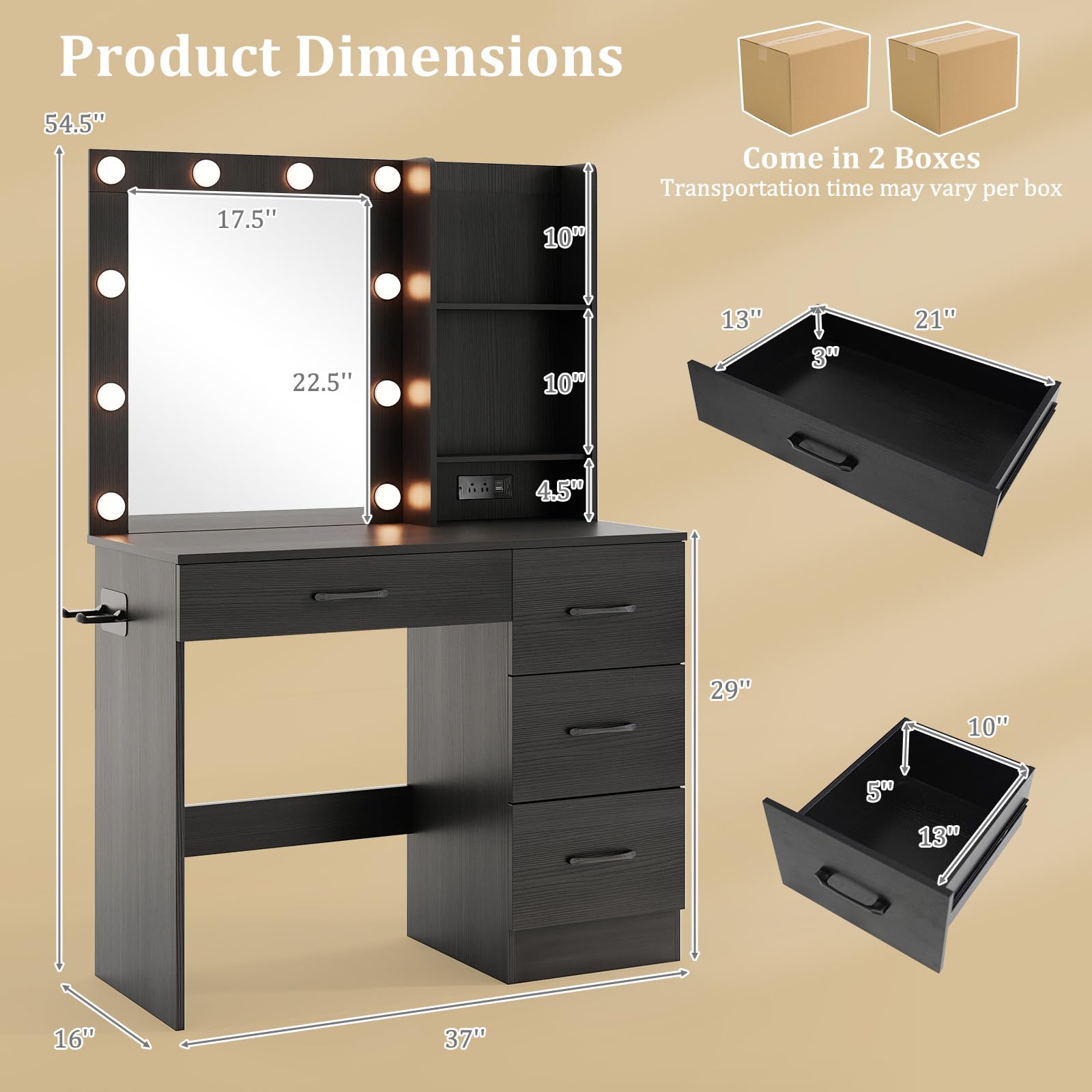 CHARMAID Vanity Desk with Mirror and Lights, Black Makeup Vanity Desk with 4 Large Drawers