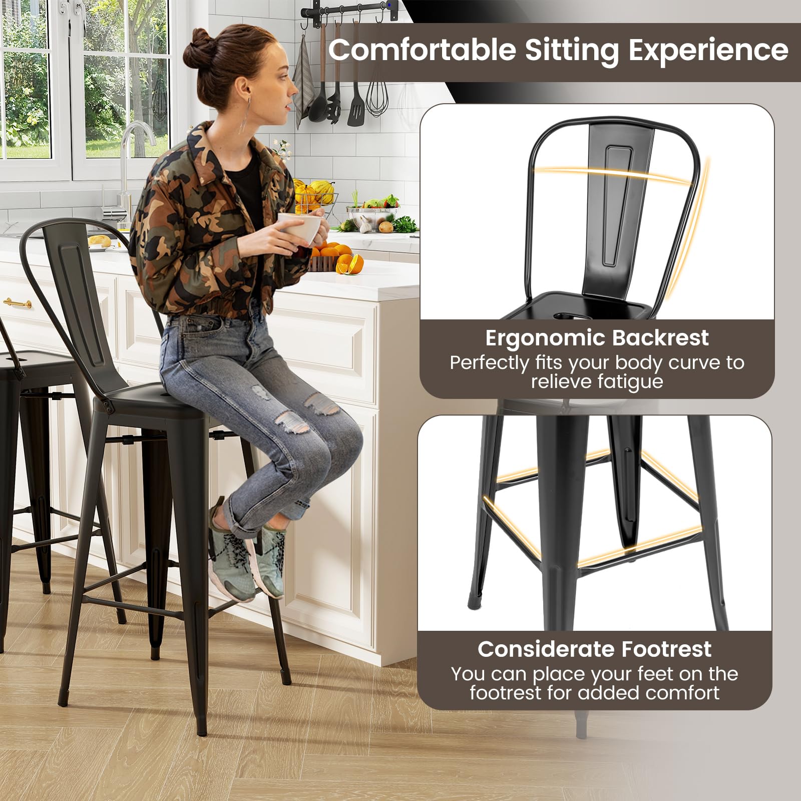 Giantex Metal Bar Stools Set of 4, 30" High Back Bar Height Chairs w/Footrest & Removable Backrest