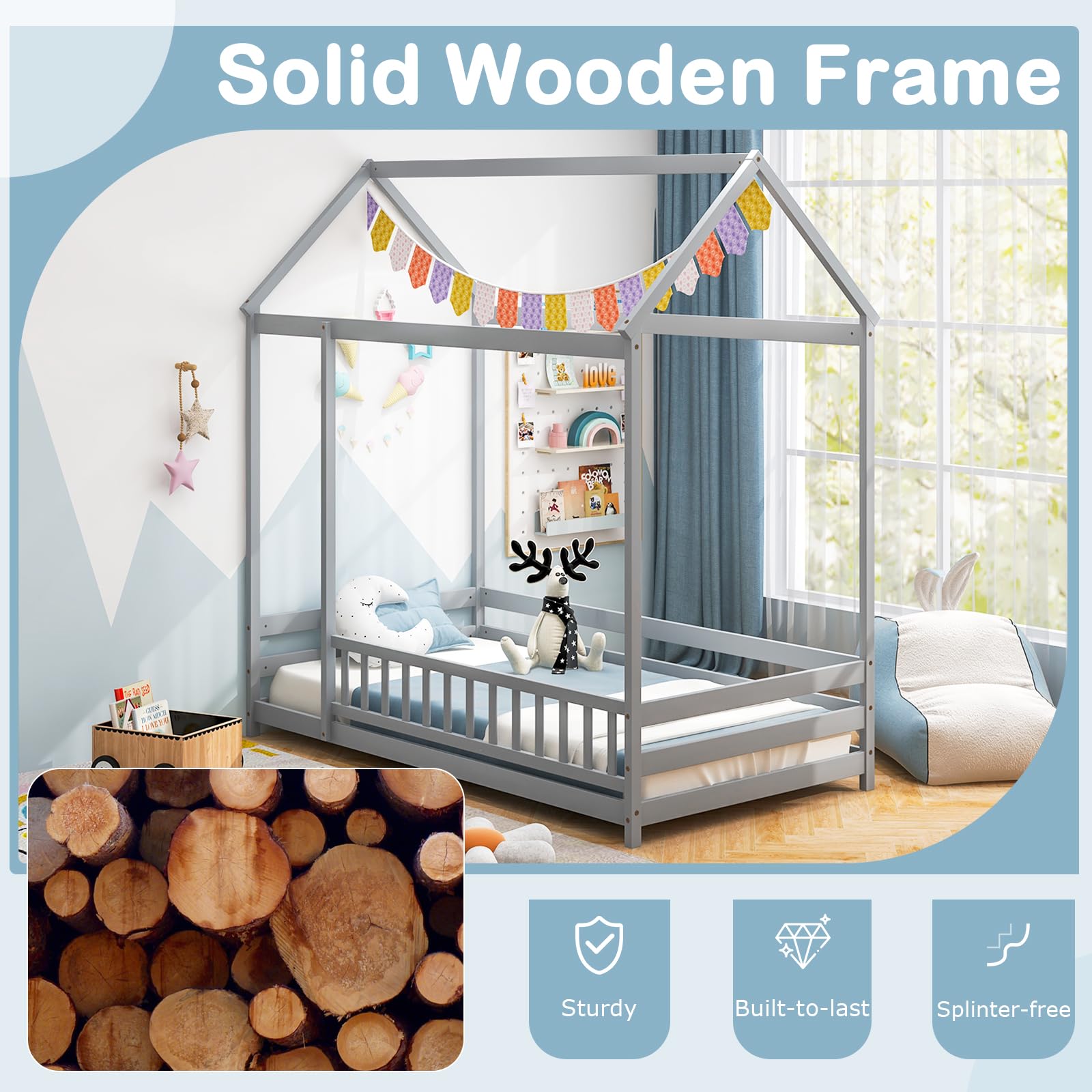 Giantex Twin Floor Bed with Fence, Wood Montessori Bed with Safety Guardrails and 80.5" High Roof Design