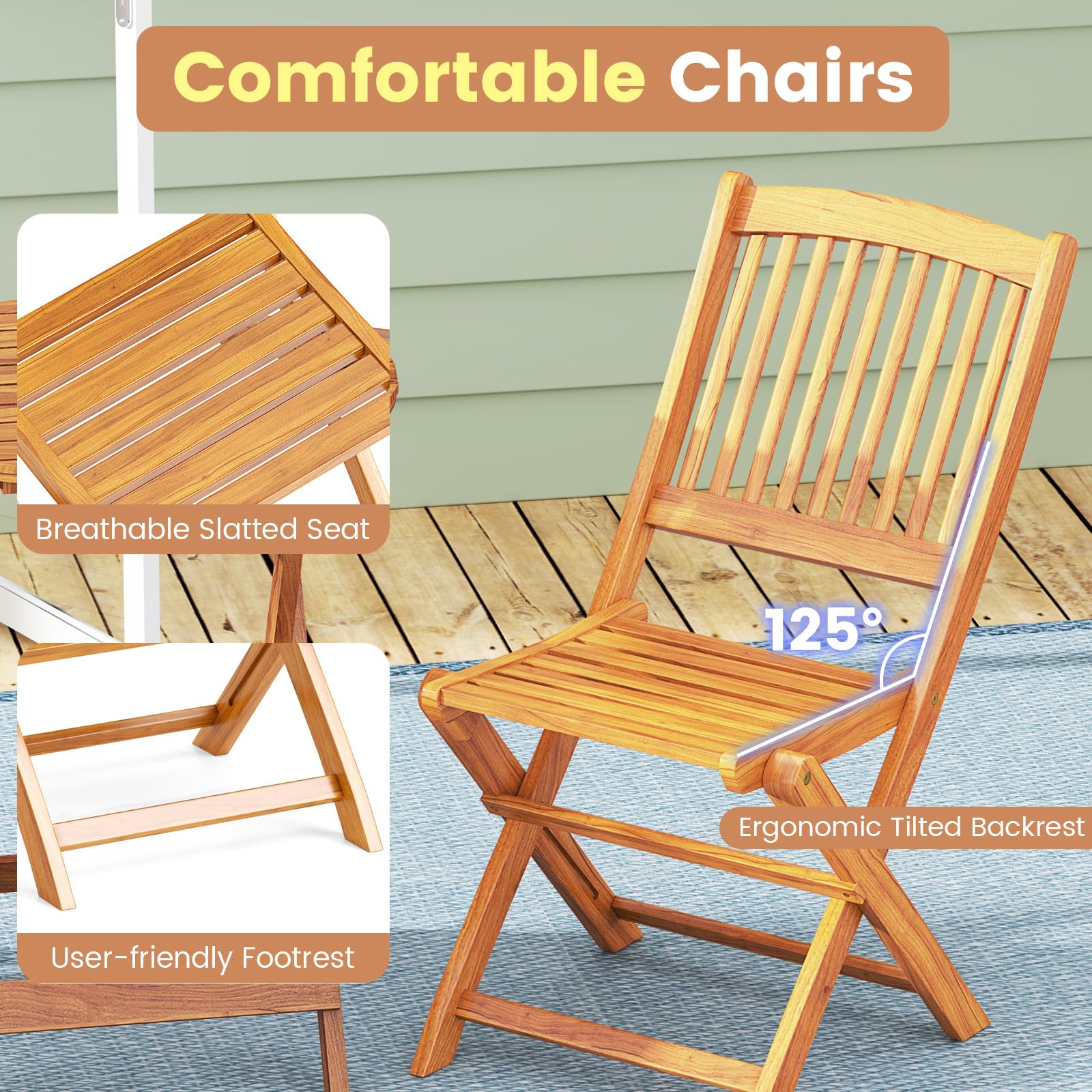 Giantex Patio Folding Chairs Set of 2, Portable Acacia Wood Dining Chairs w/Seat Cushion, 400 LBS Weight Capacity