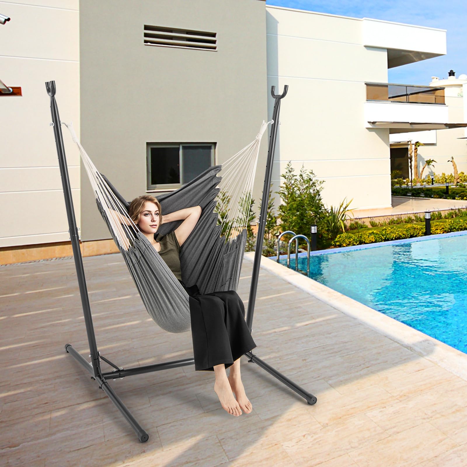 Giantex Hammock Chair with H-Shaped Stand - Heavy Duty Swing Chair with 6-Position Adjustable Height and Side Pocket