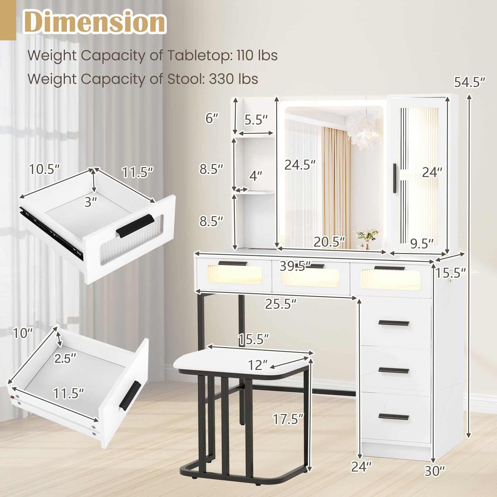 Vanity Desk with Mirror and Lights, White Makeup Vanity Desk with 6 Drawers, Lighted Side Cabinet