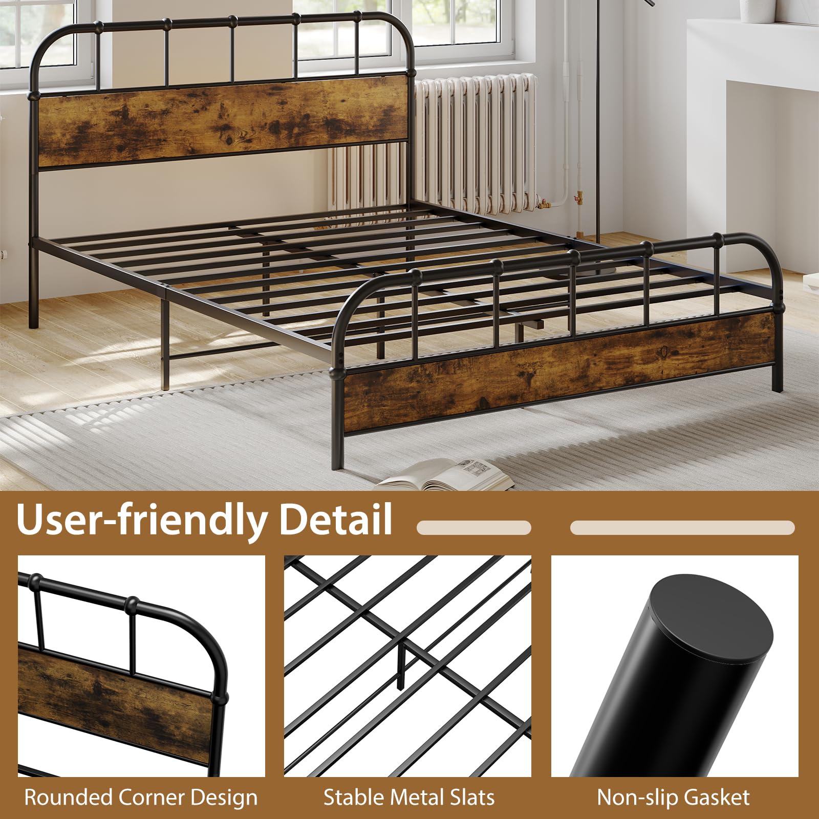 Giantex Queen Size Metal Bed Frame with Wood Headboard, Industrial Platform Bed Frame with Heavy Duty Metal Slat