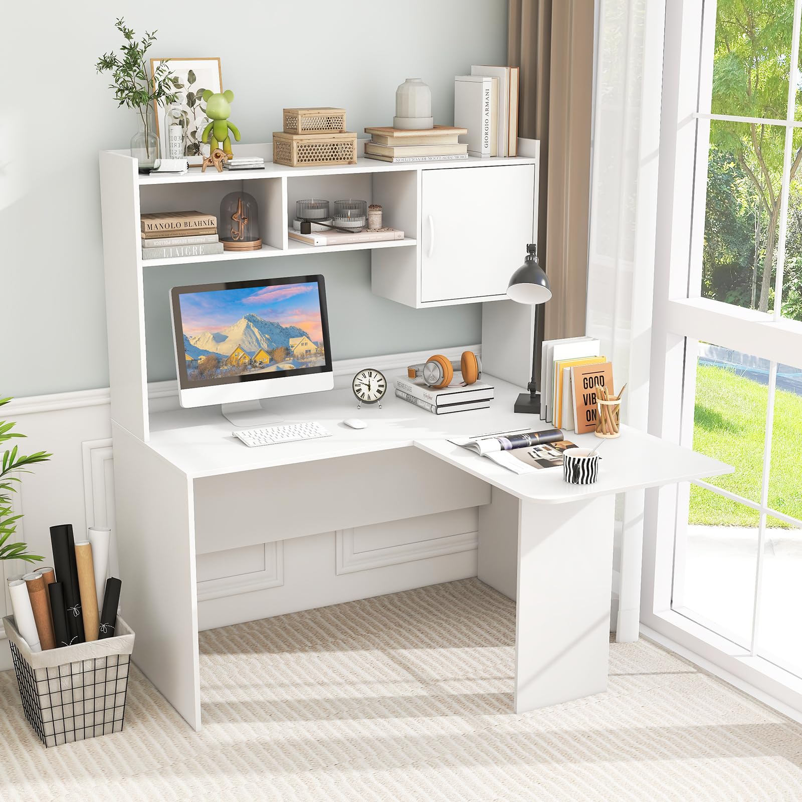 Giantex L Shaped Desk with Hutch, Corner Computer Desk with Storage Shelf & Cabinet