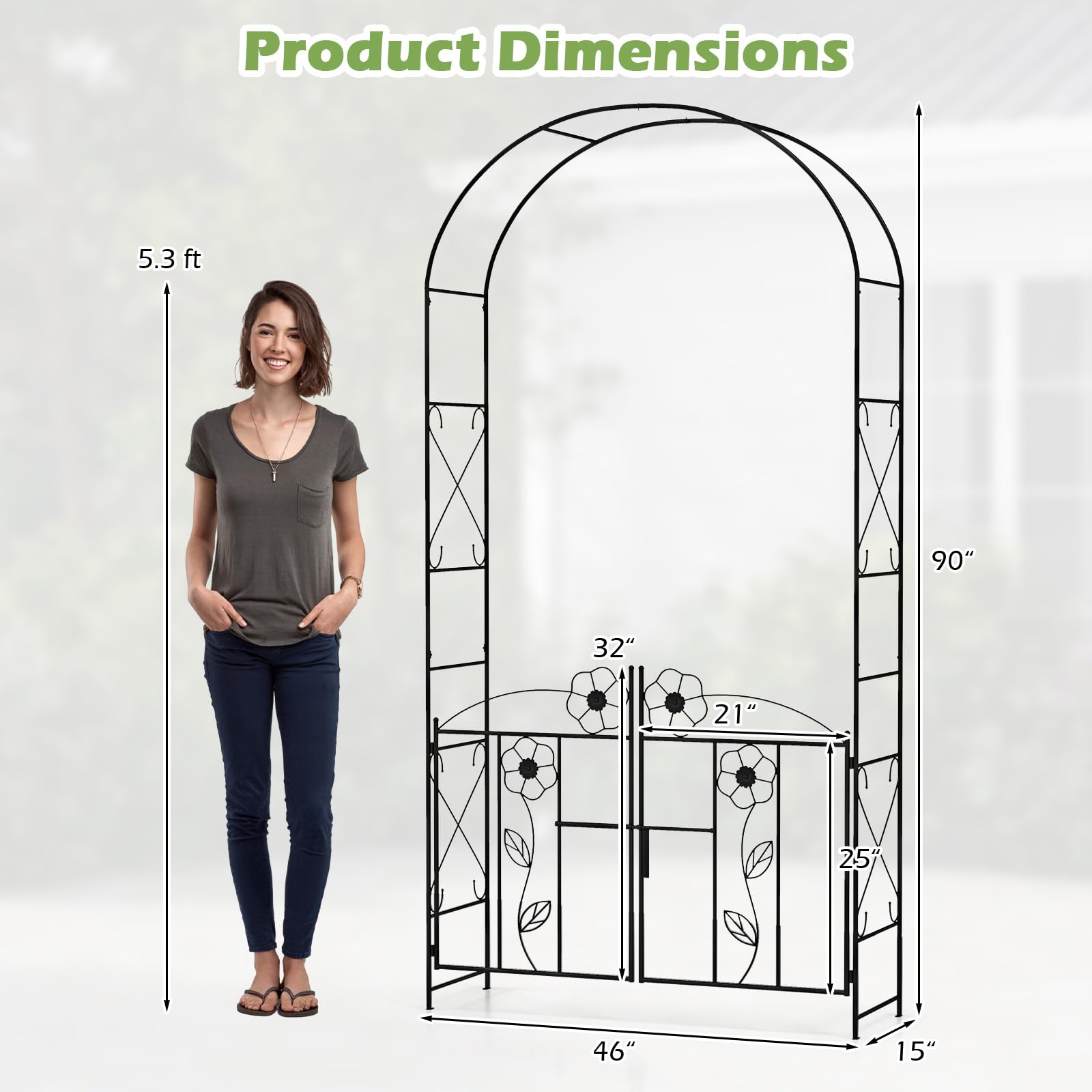 Giantex Garden Arbor with Gate, 7.5FT Metal Arch Trellis for Climbing Plants Rose Ivy, Archway Pergola with Flower Door