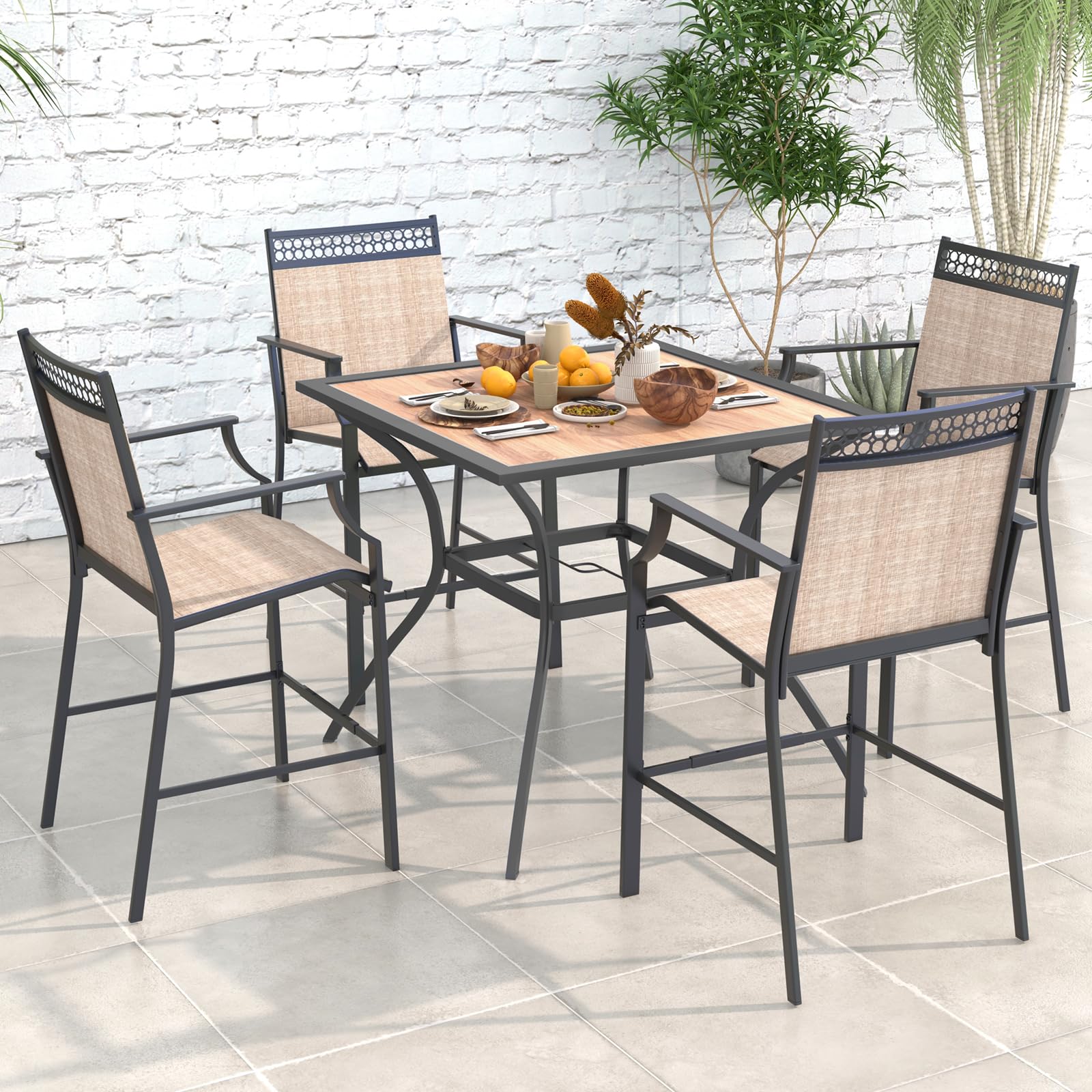 Giantex Patio Table with Umbrella Hole, Outdoor Dining Table for 4 People with All Weather Resistant Tabletop