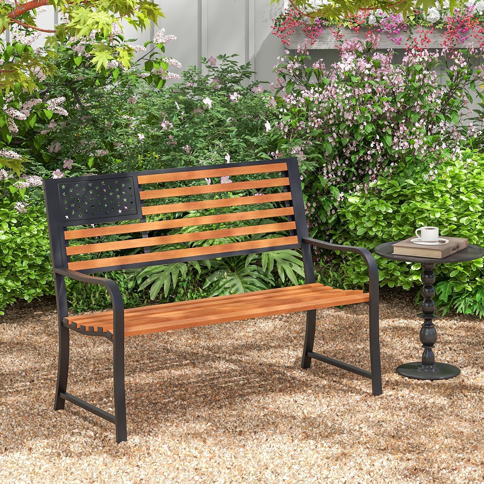 Giantex Outdoor Bench, 2-Person Metal Garden Bench with American Flag Backrest