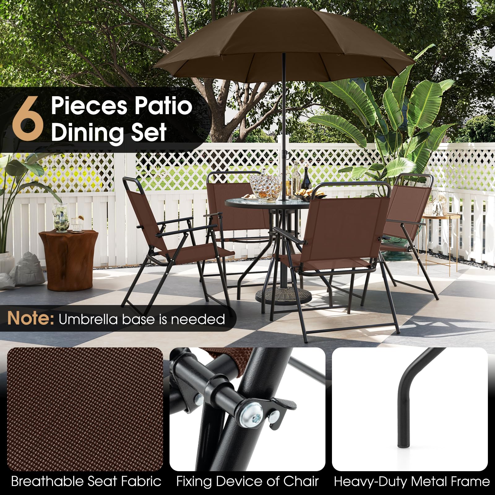 Giantex 6 Pieces Patio Dining Set, Folding Patio Chairs Set of 4, Tempered Glass Umbrella Table with Hole