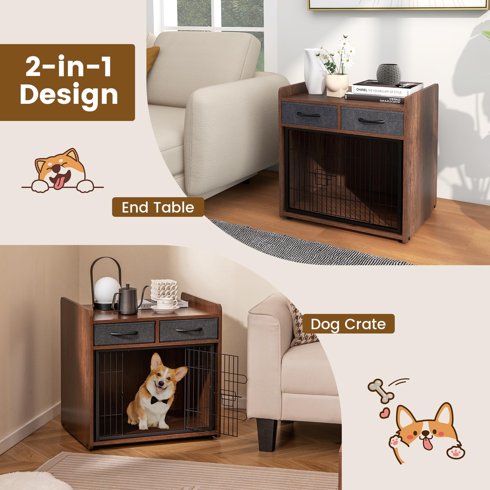 Giantex Dog Crate Furniture - Wooden Dog Cage End Table with 2 Storage Drawers