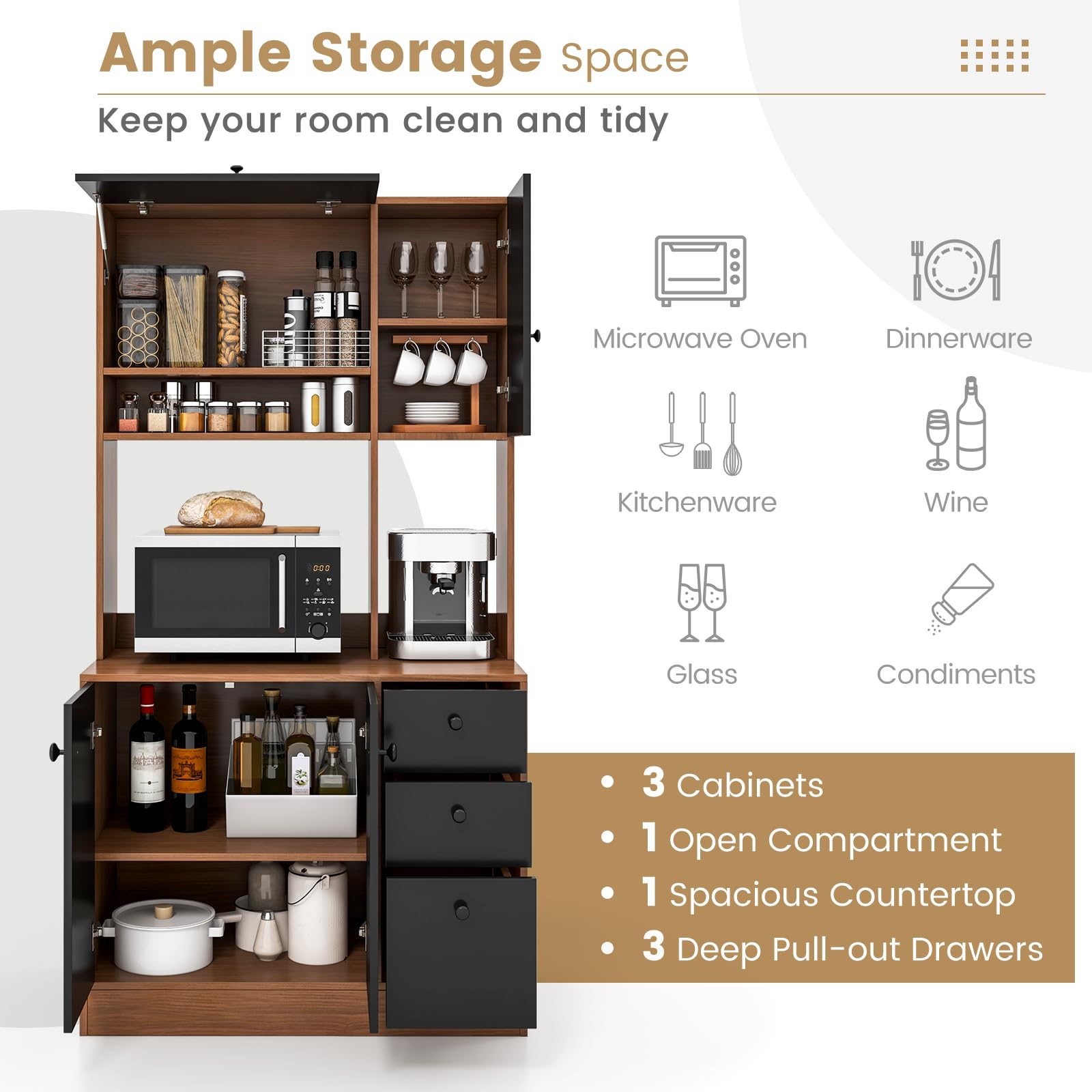 Giantex Kitchen Pantry, Buffet Hutch with 3 Storage Cabinet, 71'' Floor Large Cupboard with 3 Deep Drawers