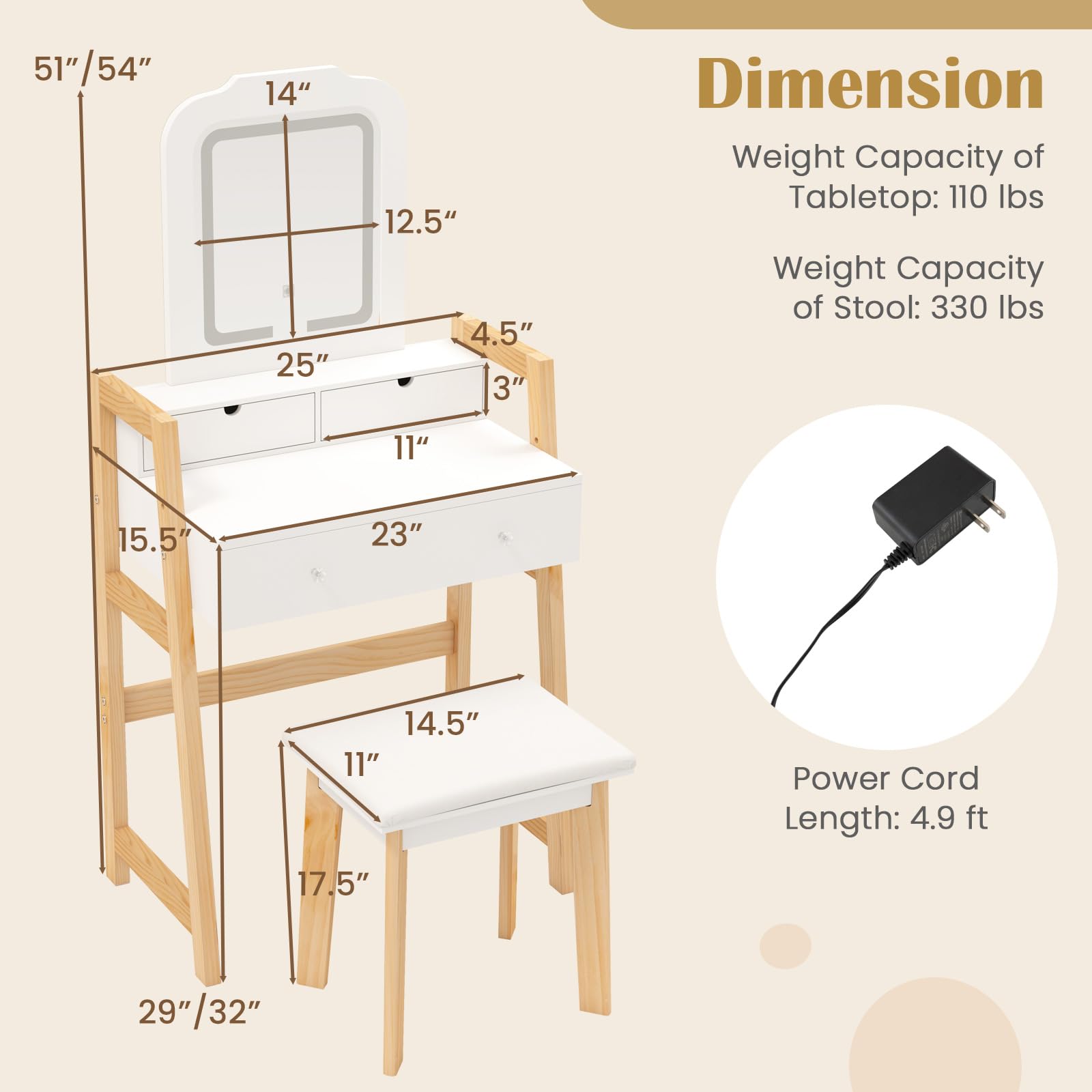 Small Vanity Desk with Mirror and Lights, White Makeup Vanity Desk with 3 Drawers