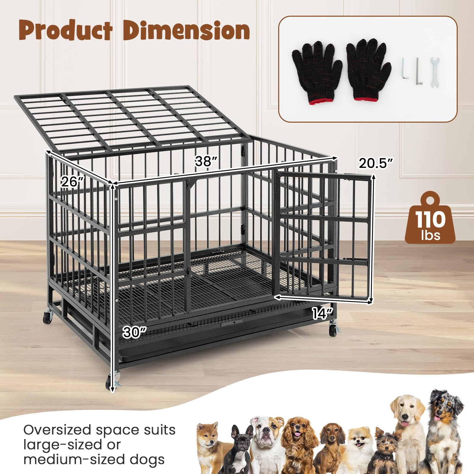 Giantex Heavy Duty Dog Crate, Escape Proof Metal Dog Cage with Double Door