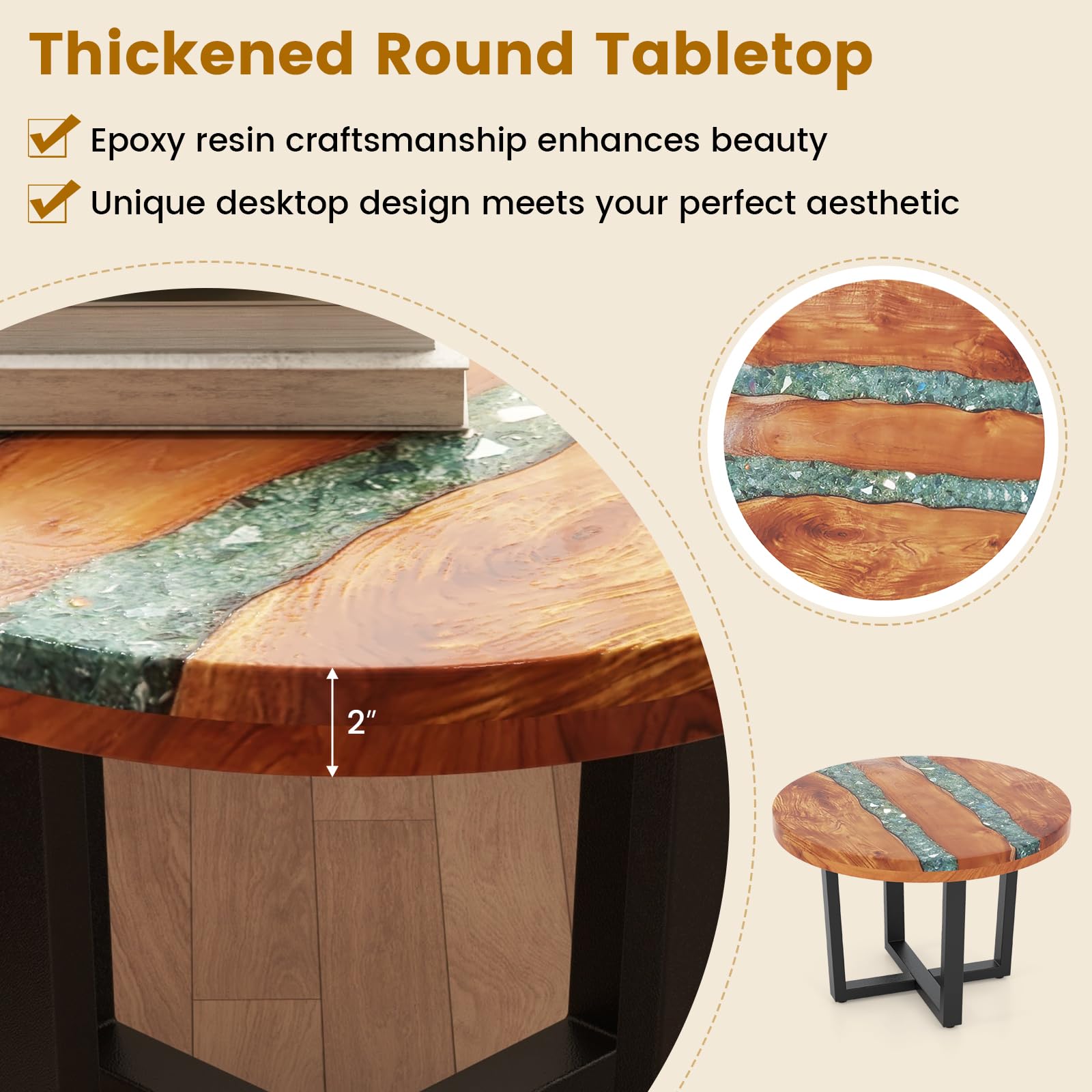 Giantex 24” Teak Wood Outdoor Side Table - Round End Table with Epoxy Resin Tabletop, Solid Live Edge, Mahogany Base