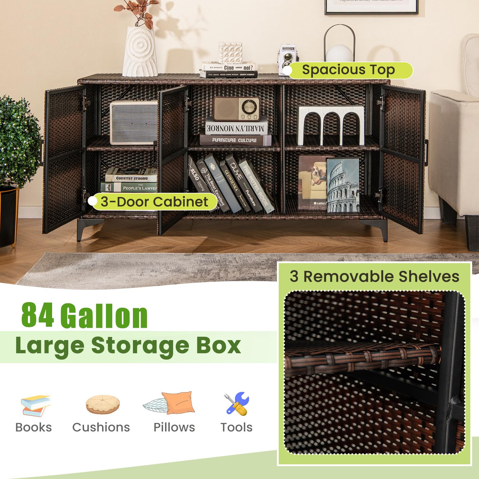 Giantex 84-Gallon Wicker Deck Box - Patio Storage Cabinet, 3-Door PE Rattan Storage Container with Removable Shelves