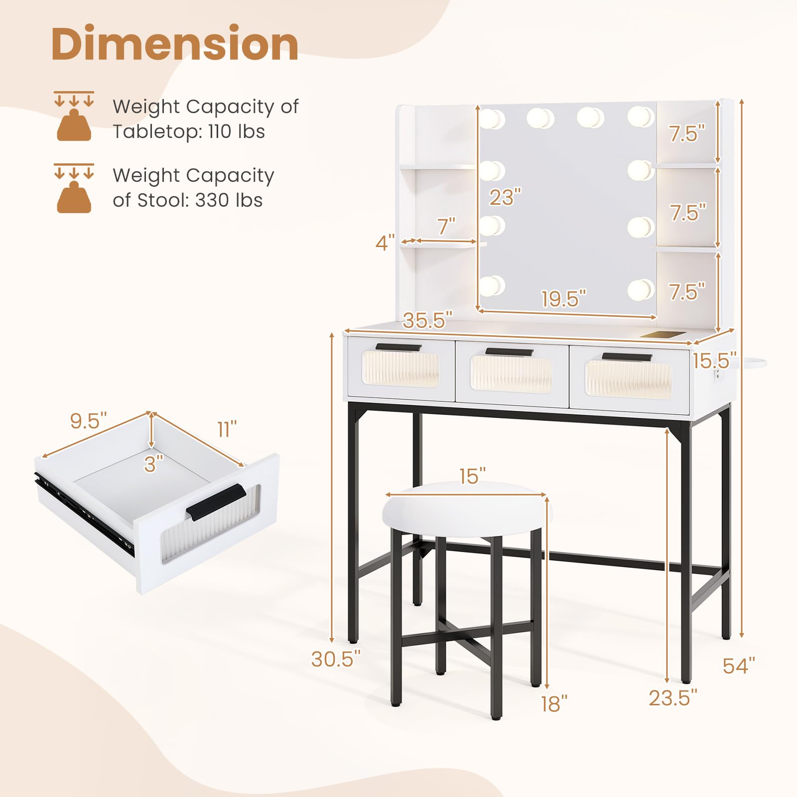 Vanity Desk with Mirror and Lights, White Makeup Vanity Desk with Charging Station