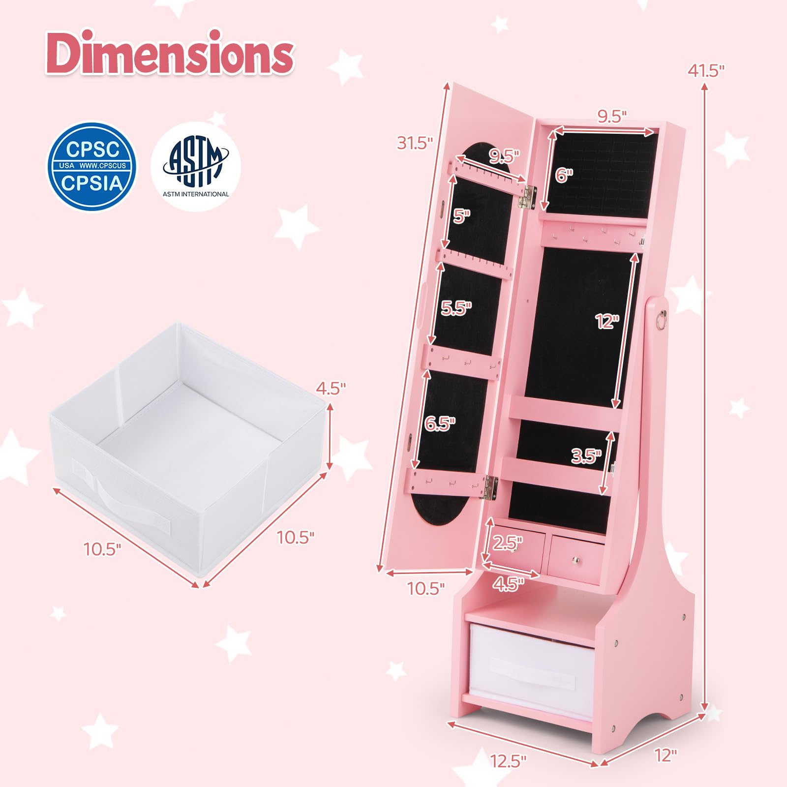 CHARMAID Kids Mirror Jewelry Armoire Cabinet - Standing jewelry Organizer for Girls