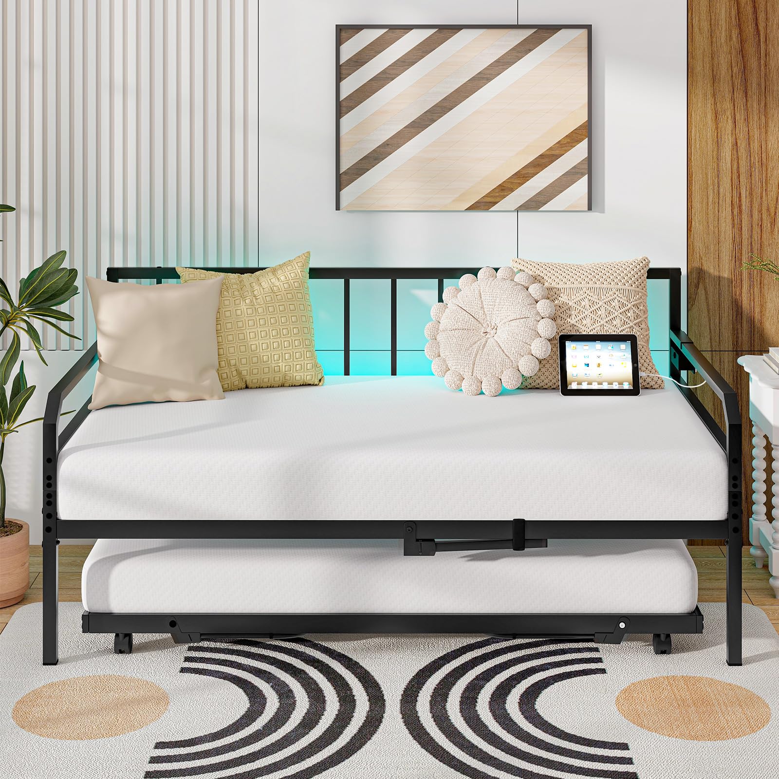 Giantex Twin Daybed with Trundle, Twin Bed Frame with Charging Station & LED Lights, Metal Trundle Bed Twin w/Steel Slats Support