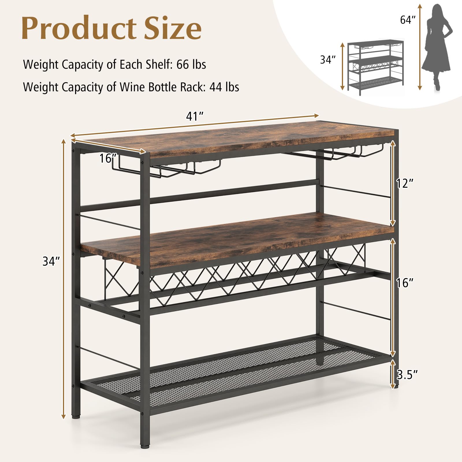 Giantex 4-Tier Wine Rack Table - 7-Bottle Wine Bar Cabinet w/ 4 Wine Racks & 16 Glasses Holder