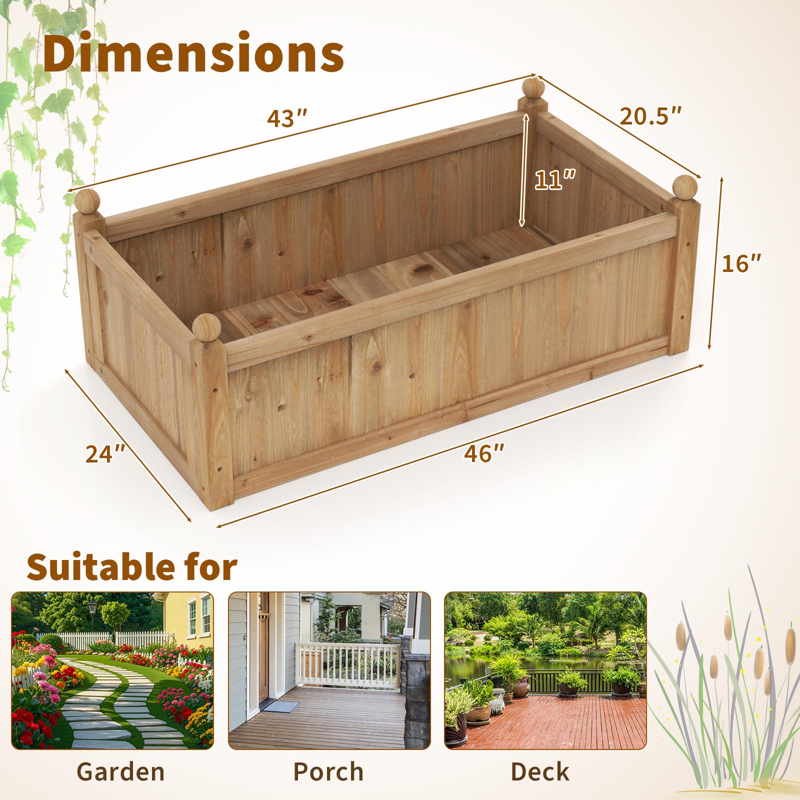 Wood Raised Garden Bed, 46” x 24” x 16” Rectangular Flower Box w/Drainage Holes