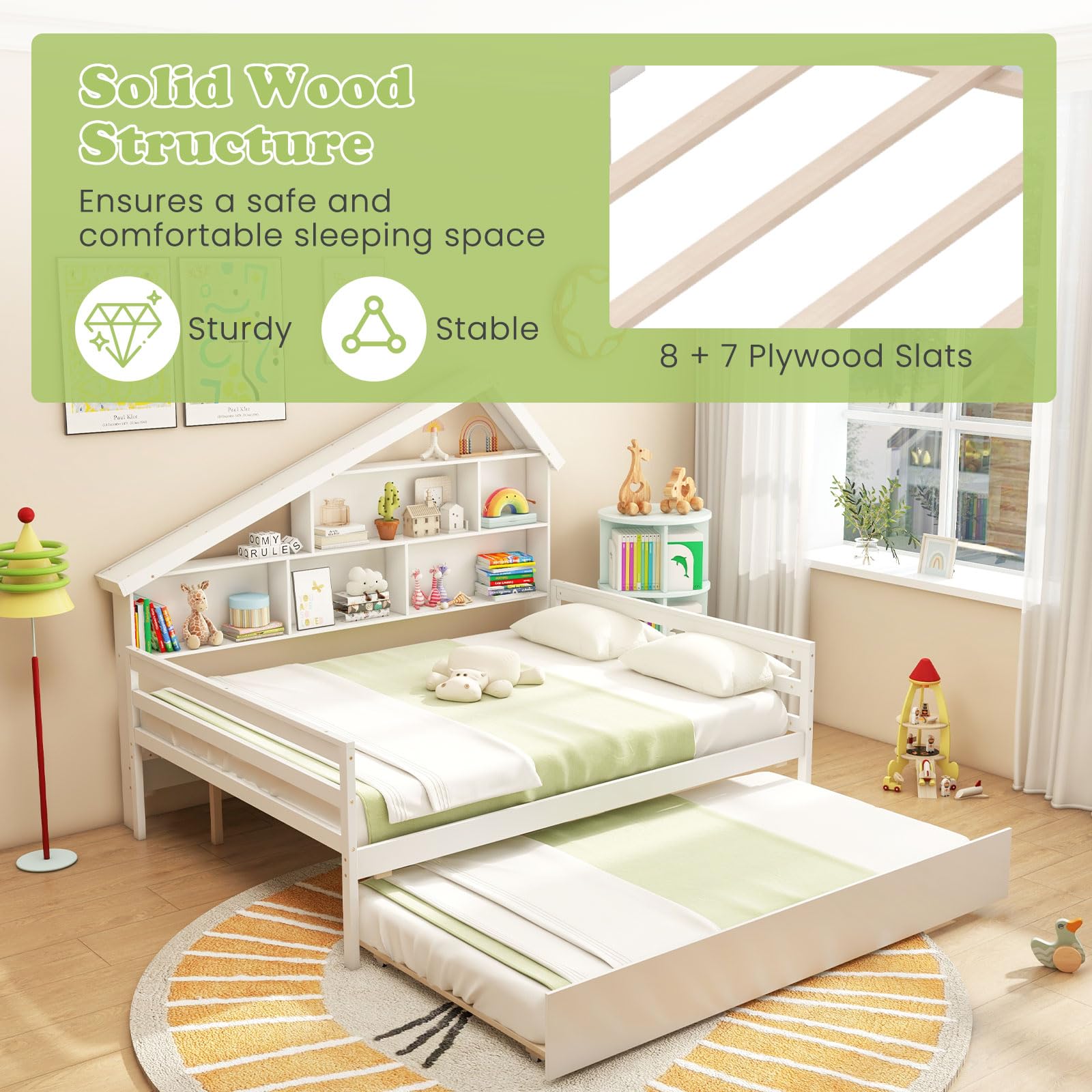 Giantex Full House Bed with Twin Trundle, Wood Daybed with 5 Cube Storage Bookcase & Headboard