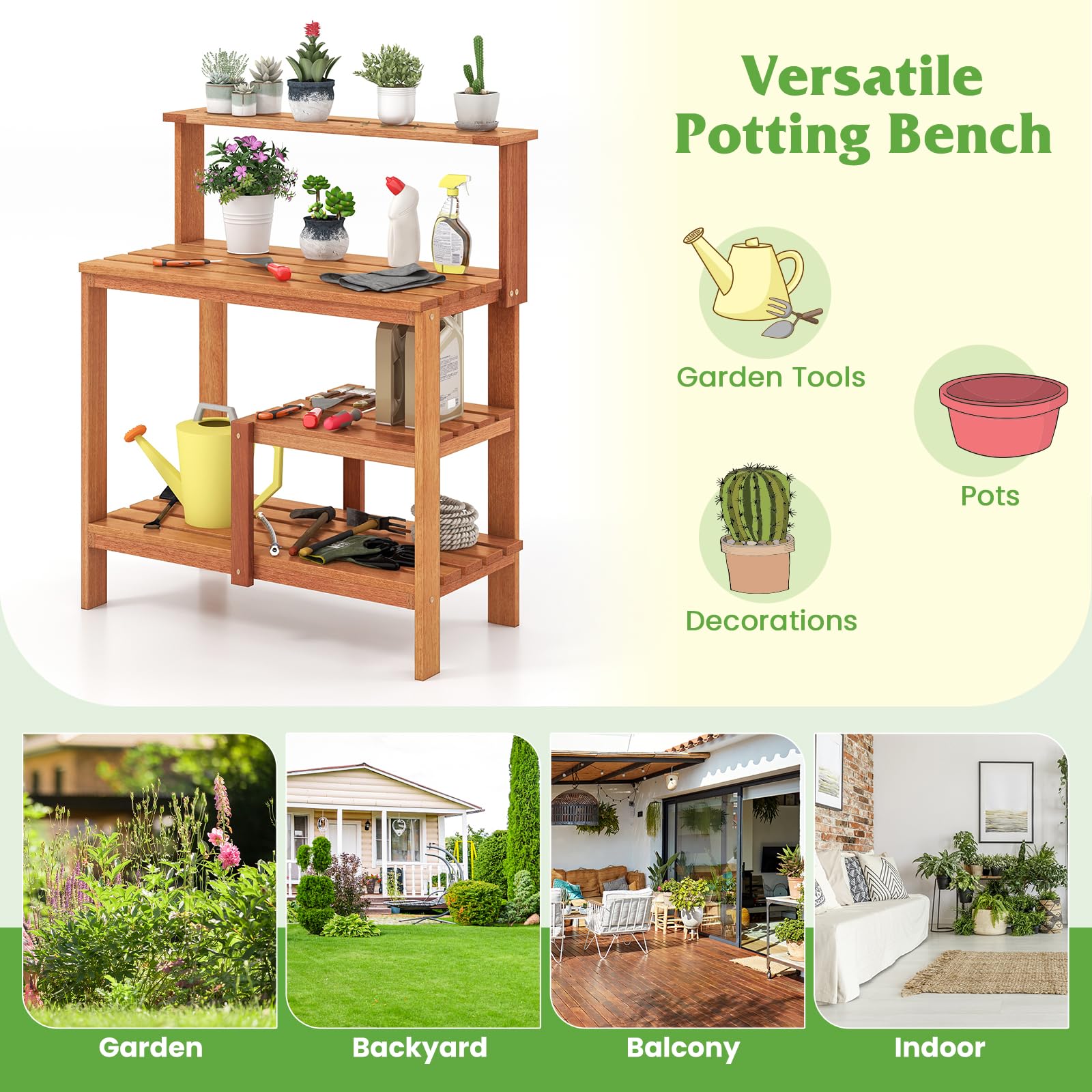 Giantex 4-Tier Potting Bench, Solid Wood Gardening Workstation w/Open Storage Shelves