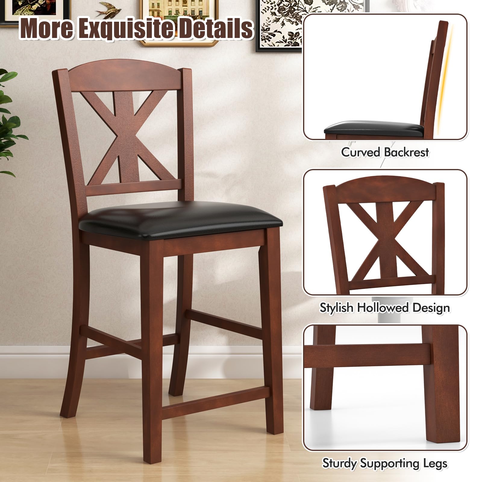 Giantex Wood Bar Stools Set, 24" Upholstered Counter Height Bar Chairs w/Hollowed High Back