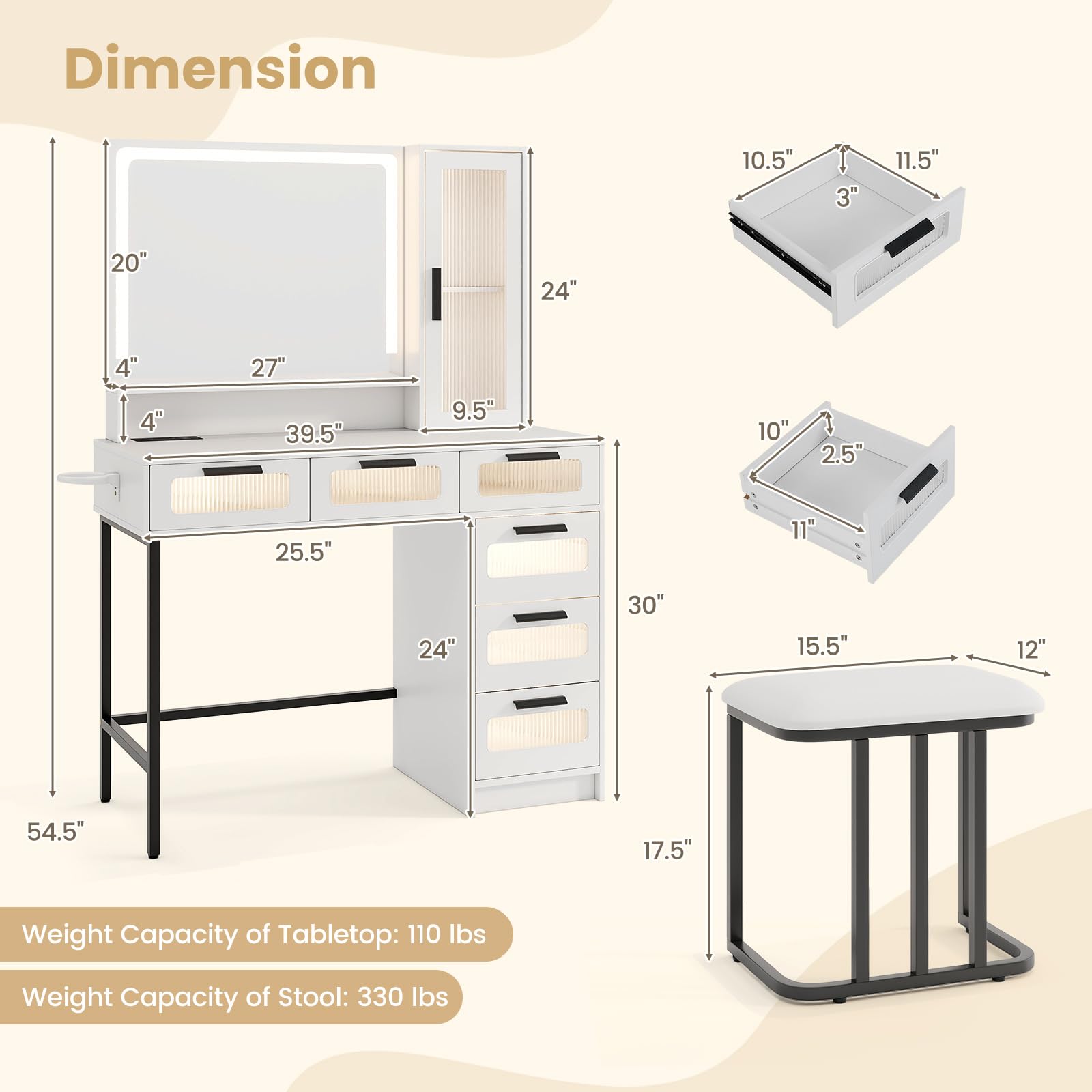 CHARMAID Vanity Desk with Mirror and Lights, White Makeup Vanity Desk with 6 Lighted Drawers & Storage Cabinet