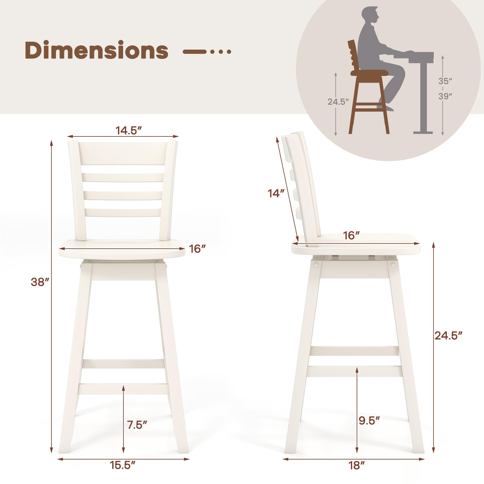 Giantex Wood Bar Stools, Swivel Counter Height Bar Stools with Slatted Hollow Back & Ergonomic Contoured Seat