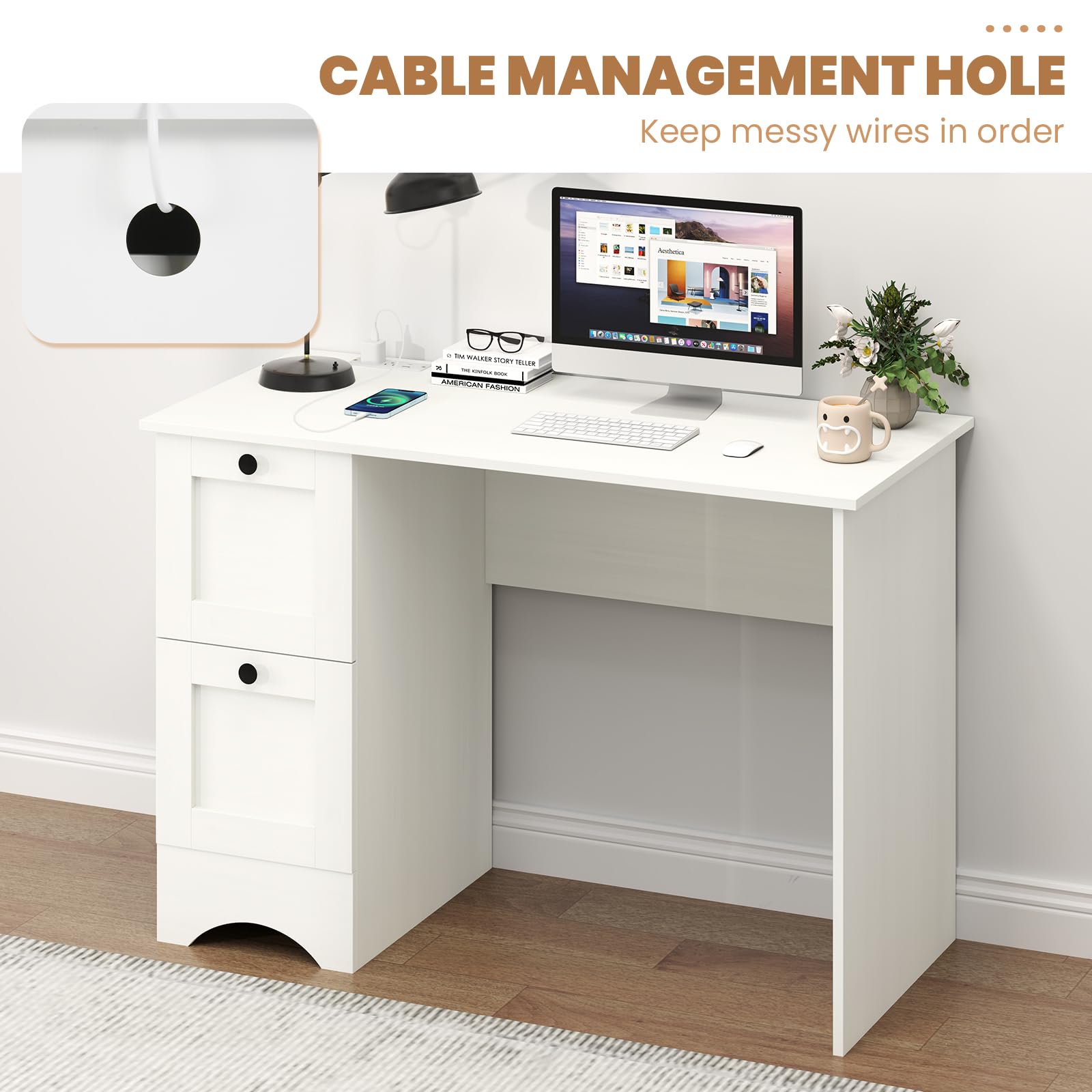 Giantex White Desk with 2 Drawers, 43” Wooden Home Office Desk with Charging Station