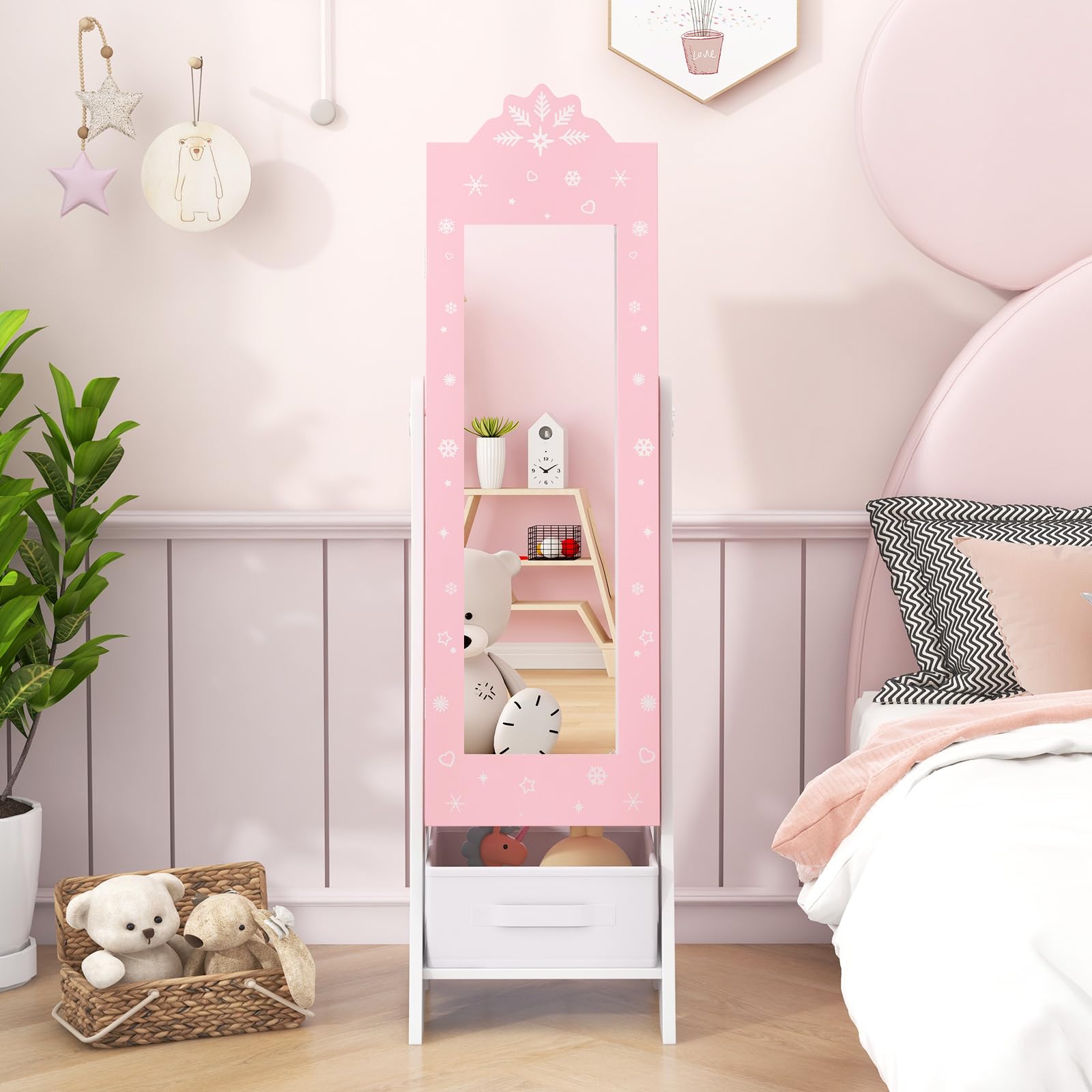 CHARMAID Kids Mirror Jewelry Cabinet - Standing Full Length Mirror with Jewelry Storage