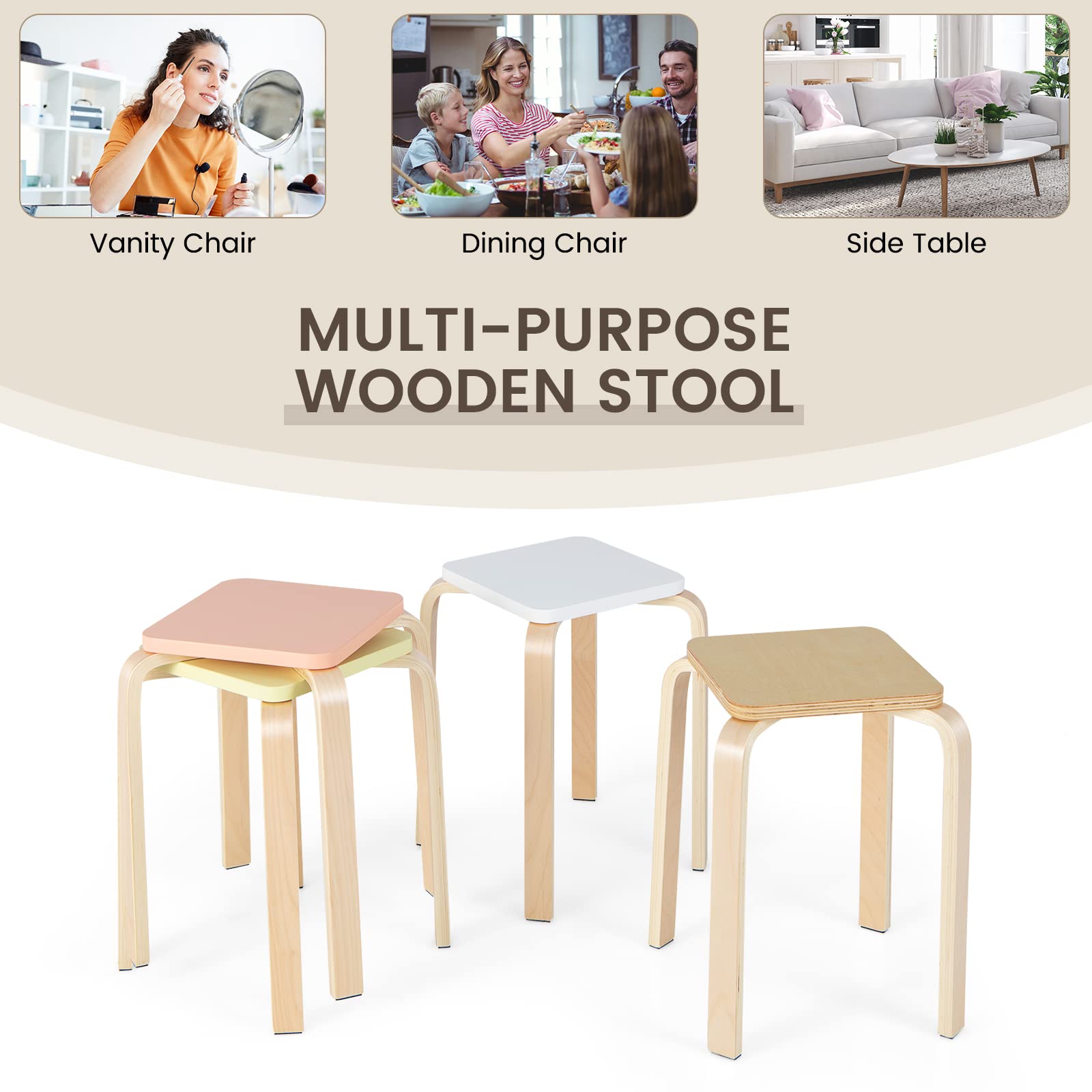 Stackable Wooden Stools Set of 4, Portable 18-Inch Height Backless School Stools