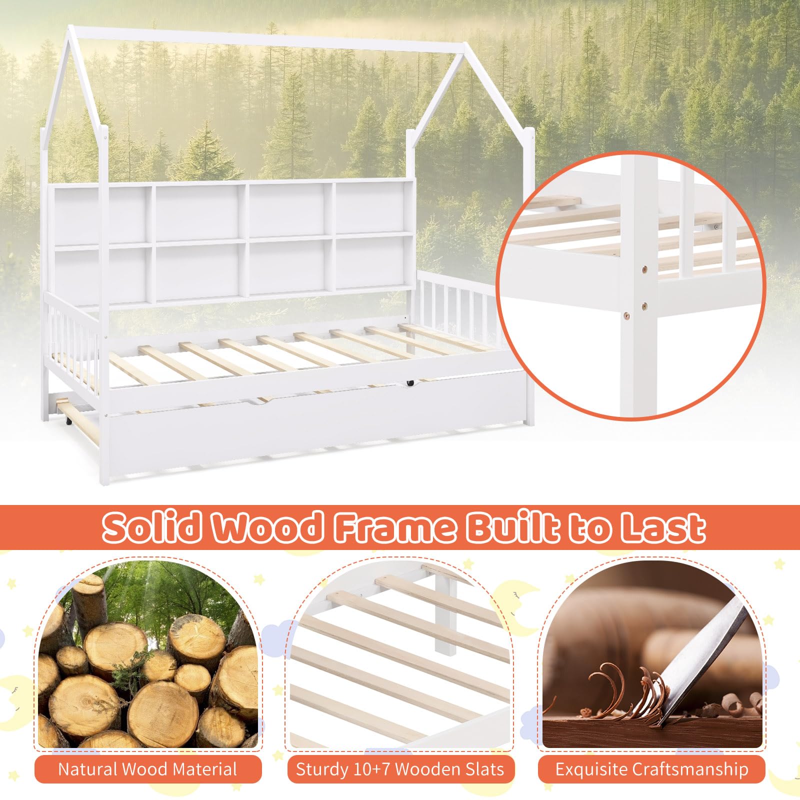 Giantex Twin House Bed with Trundle, Solid Wood Bed Frame with Roof & 8 Cube Bookcase