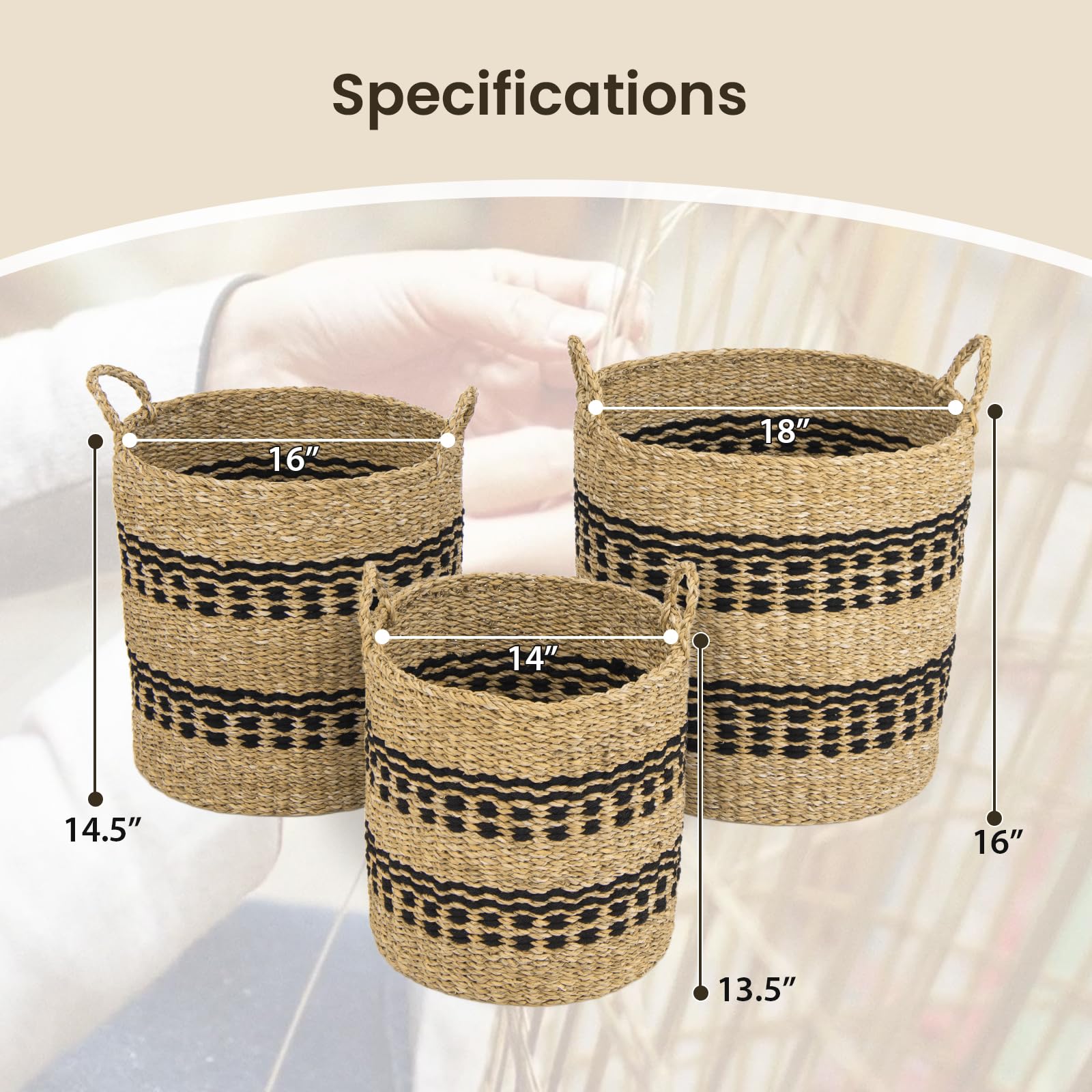 Giantex Woven Laundry Basket - Set of 3 Stackable Laundry Hamper with Handles, 1 Large, 1 Medium & 1 Small Storage Baskets