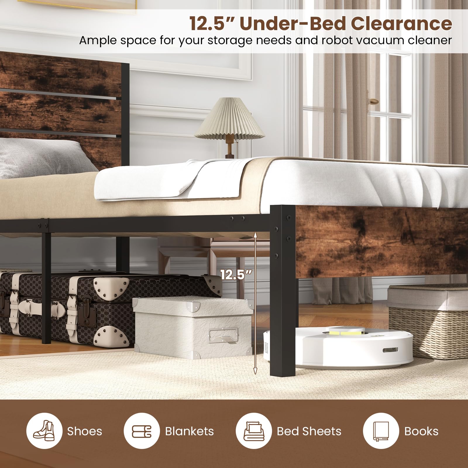 Giantex Metal Platform Bed Frame, Industrial Bed Frames with Wood Headboard