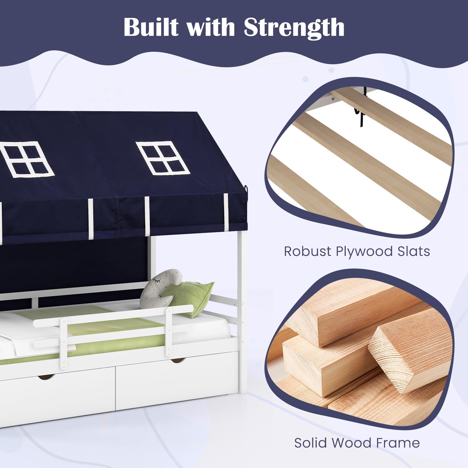 Giantex Twin House Bed with Tent, Wood Kids Bed with 2 Storage Drawers, Solid Wood Daybed Frame with Rails and Roof