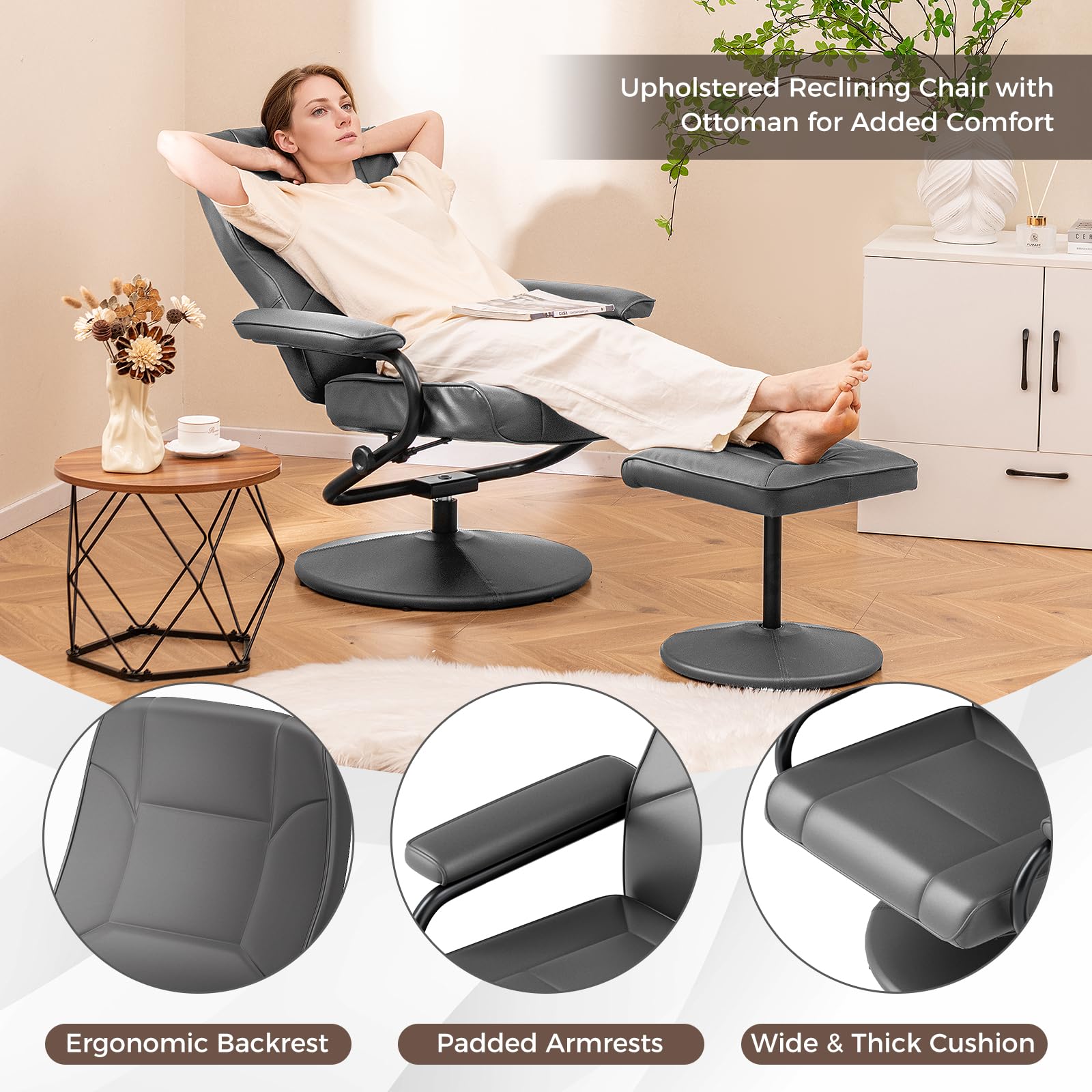 Giantex Recliner Chair with Ottoman, 360 Degree Swivel Leather Reclining Chair with Stable Steel Base