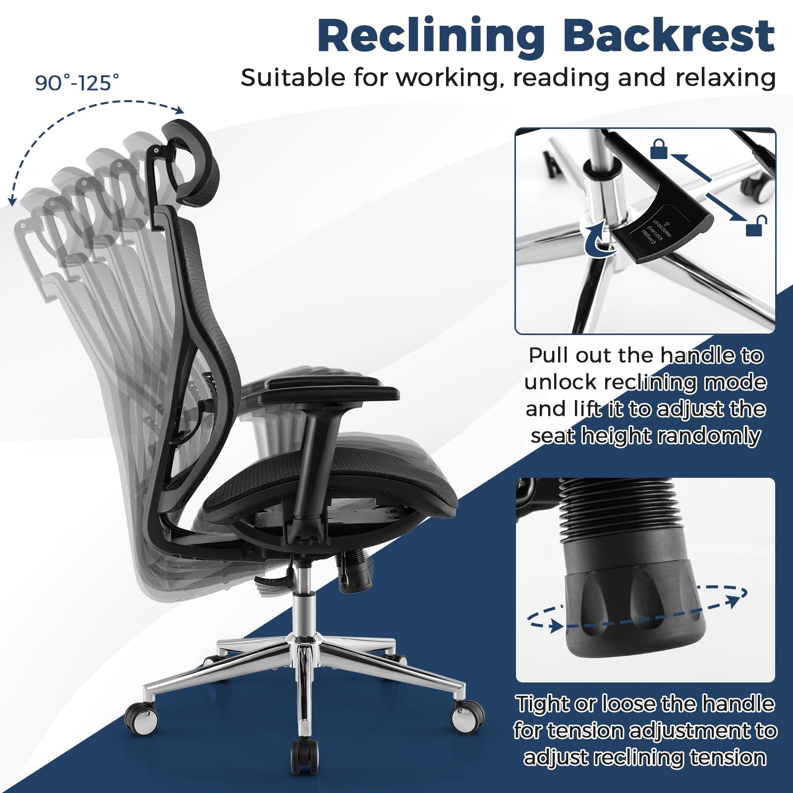 Giantex High-Back Mesh Executive Chair, with Adjustable Headrest, 3D Armrest, Lumbar Support, Reclining Backrest