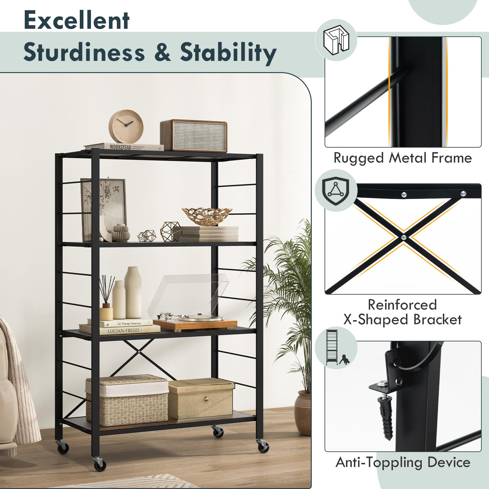 Giantex 4-Tier Folding Storage Shelf, Collapsible Shelving Unit w/Lockable Wheels & Adjustable Shelf