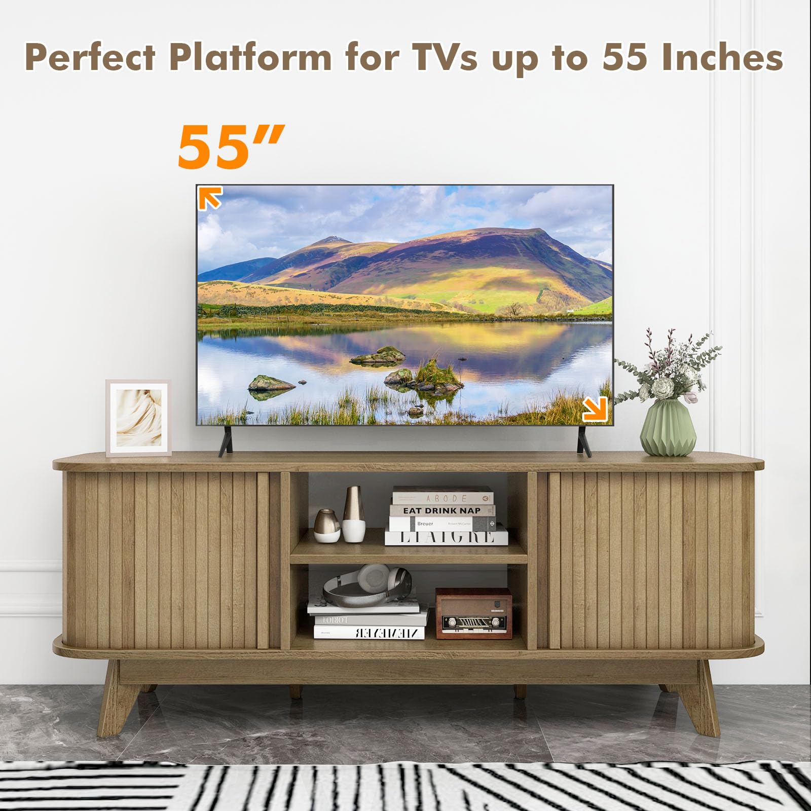 Giantex TV Stand for 55-Inch TV, Entertainment Center with Dual Sliding Doors, Enclosed Cabinets, Adjustable Shelf