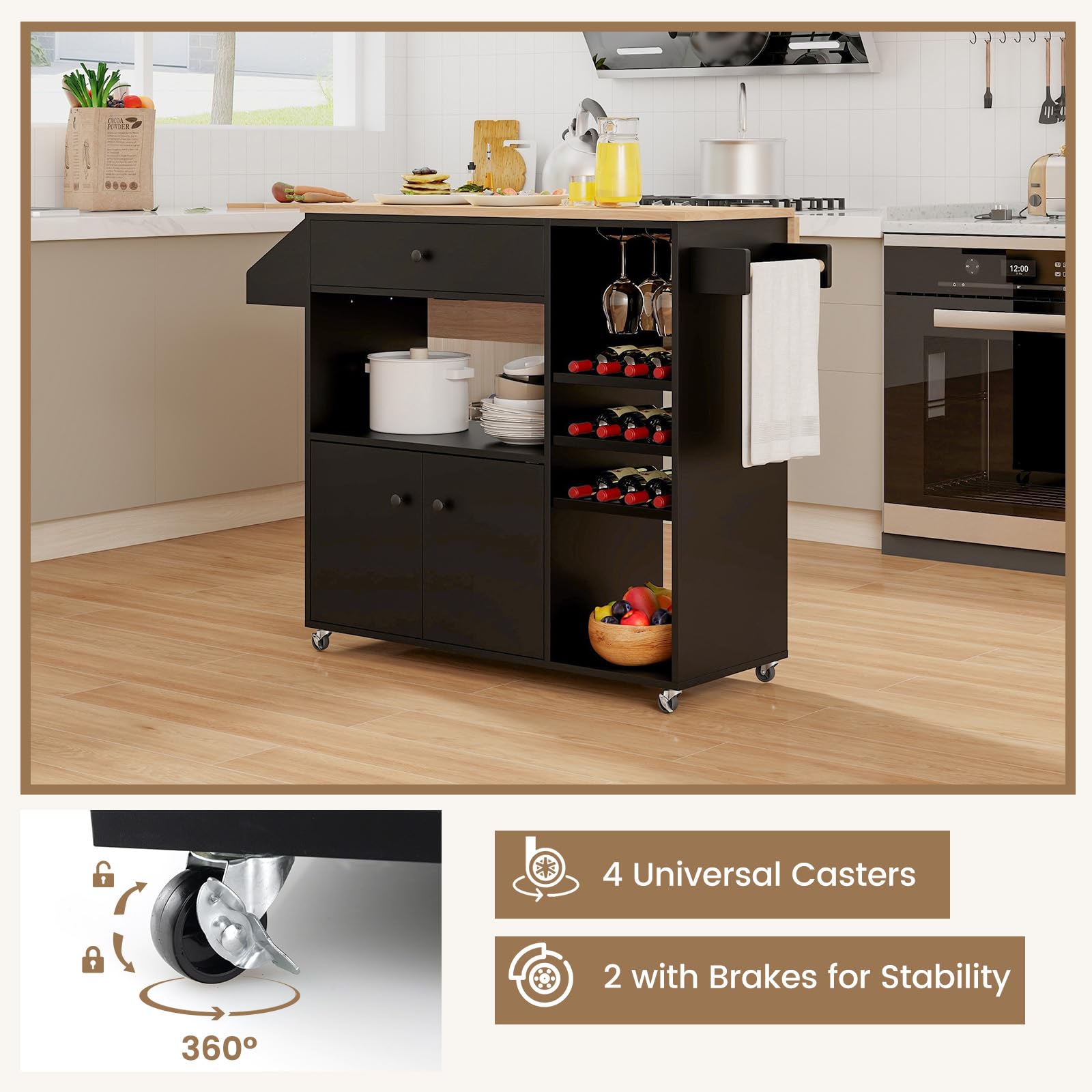 Giantex Rolling Kitchen Island Cart with Drop Leaf, Power Outlet, Spice Rack, 12 Wine Rack