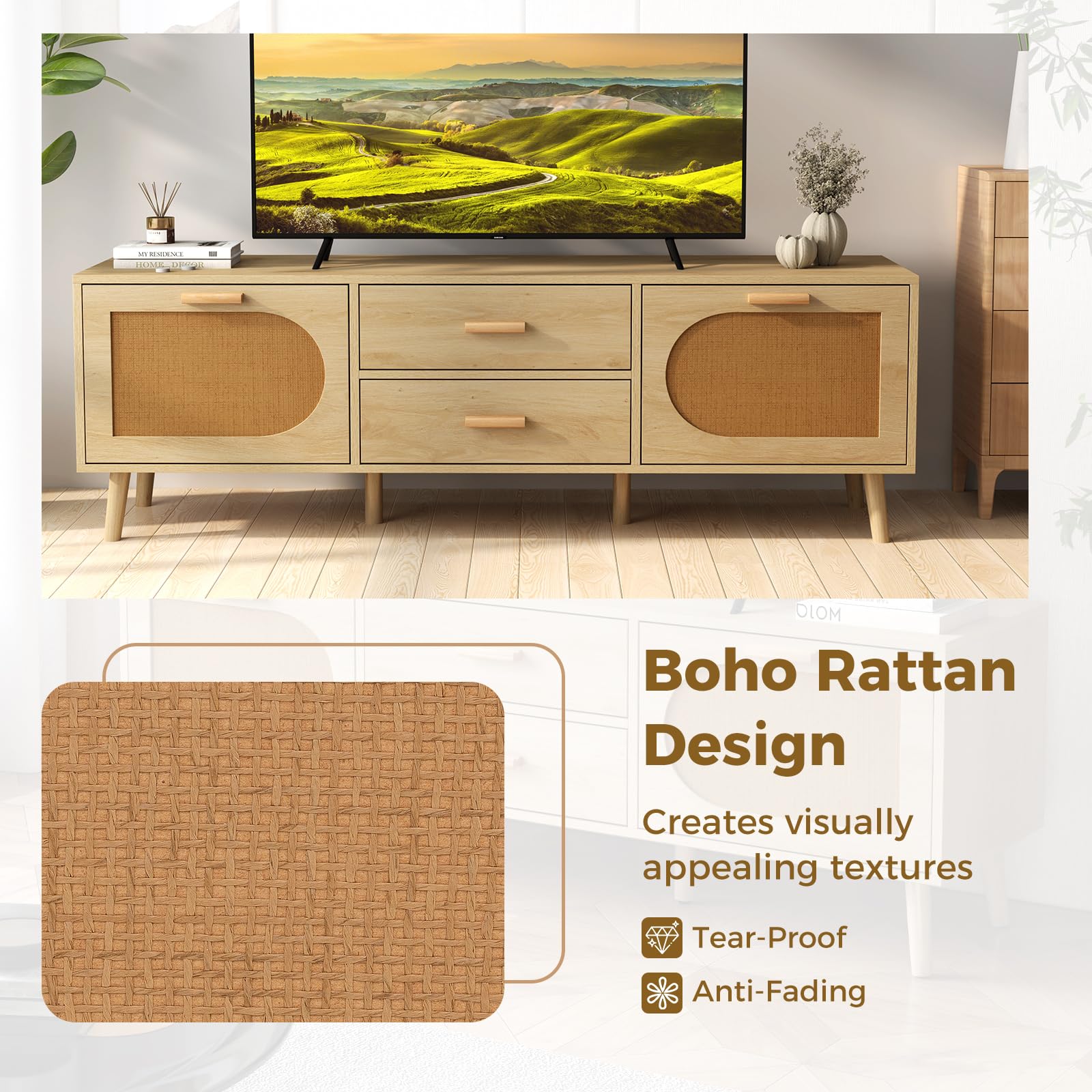 Giantex Rattan TV Stand for TVs up to 65 Inch, 59" TV Console Cabinet with Drawers & Solid Wood Legs