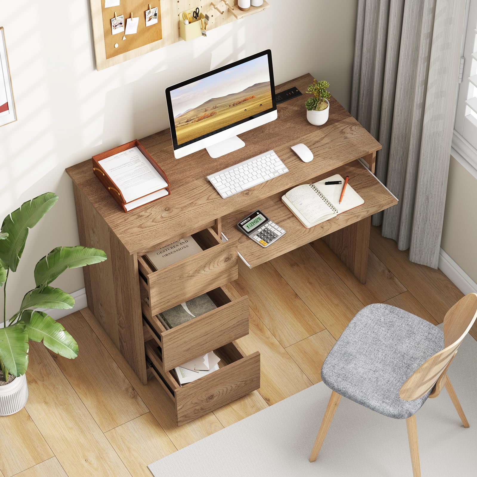 Giantex Computer Desk with Power Outlet, Modern Office Desk with Keyboard Tray & 3 Large Drawers