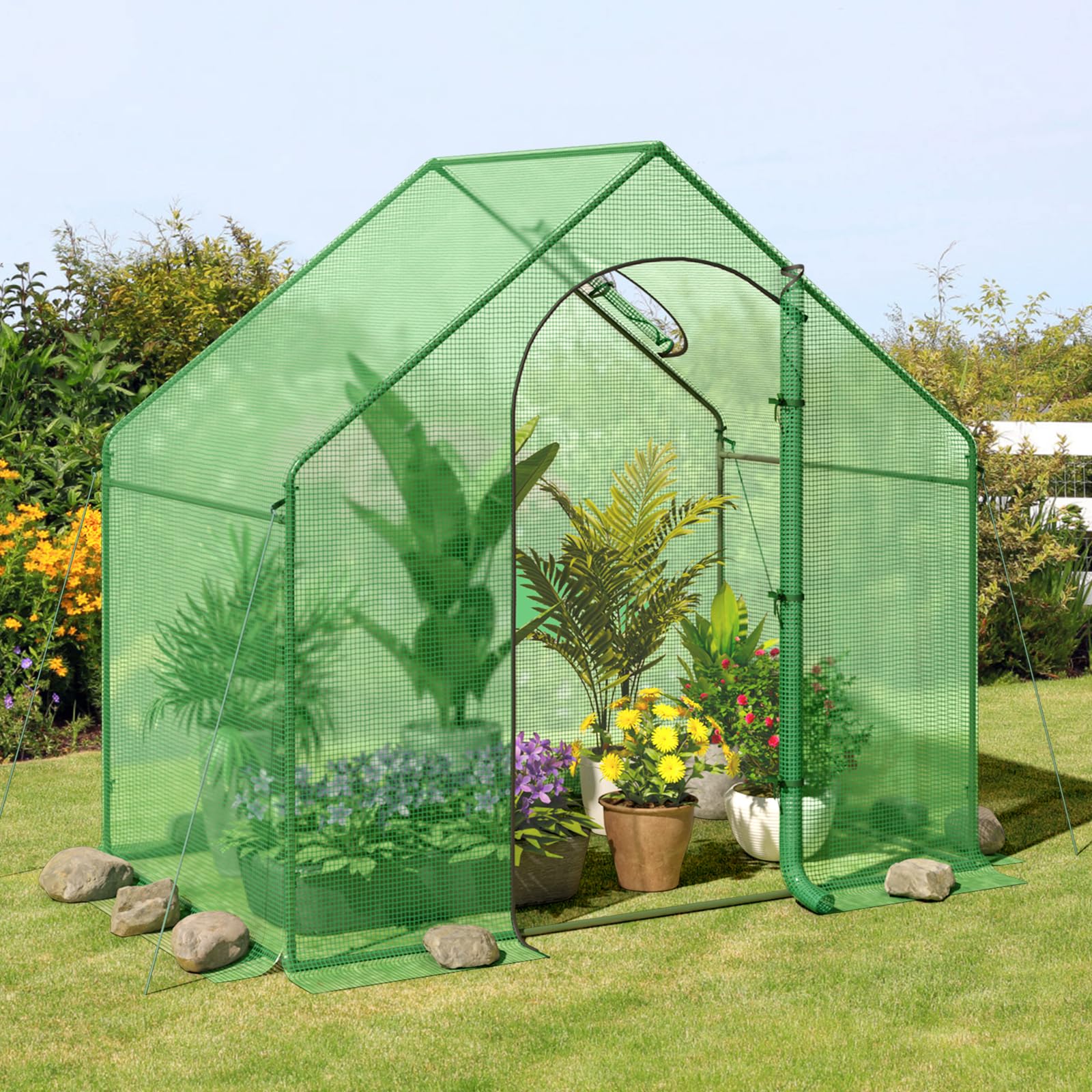 Giantex 6x3x5.5 FT Mini Walk-in Greenhouse, with Roll-up Zippered Door & Window, Overlong PE Cover