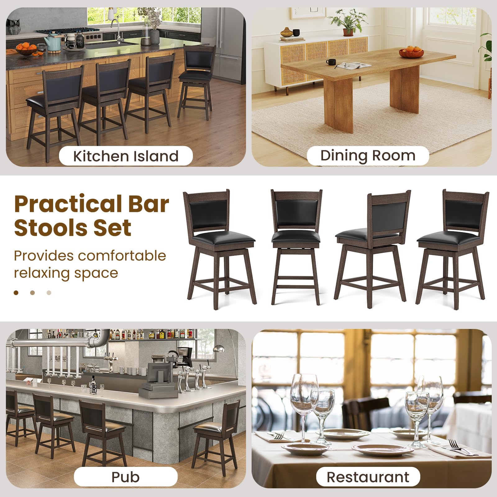 Giantex 25" Bar Stools Set, Upholstered Swivel Bar Chairs with Ergonomic Back