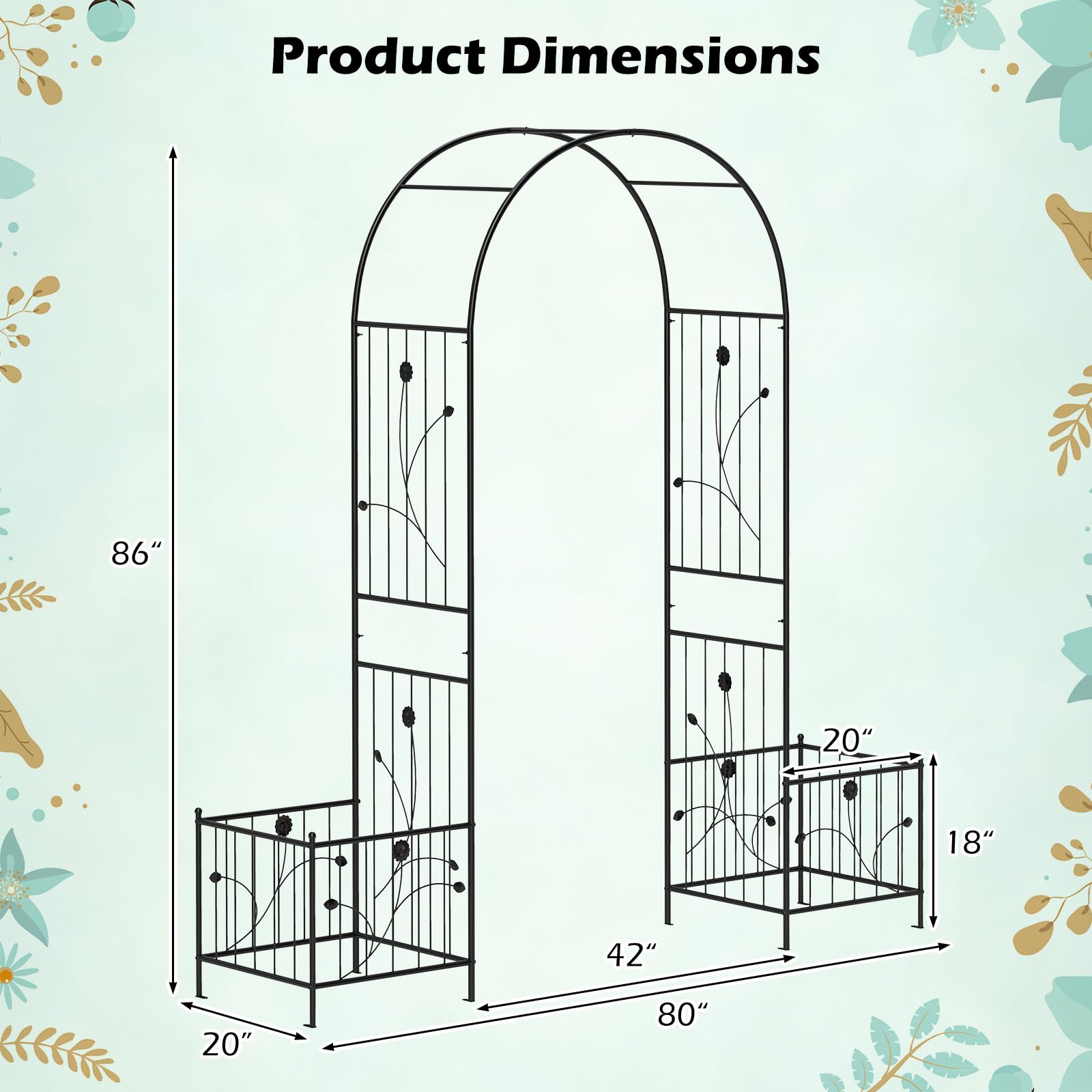 Giantex Garden Arch Trellis with Planters, 86'' Metal Arbor Pergola for Climbing Plants Rose Clematis Vines